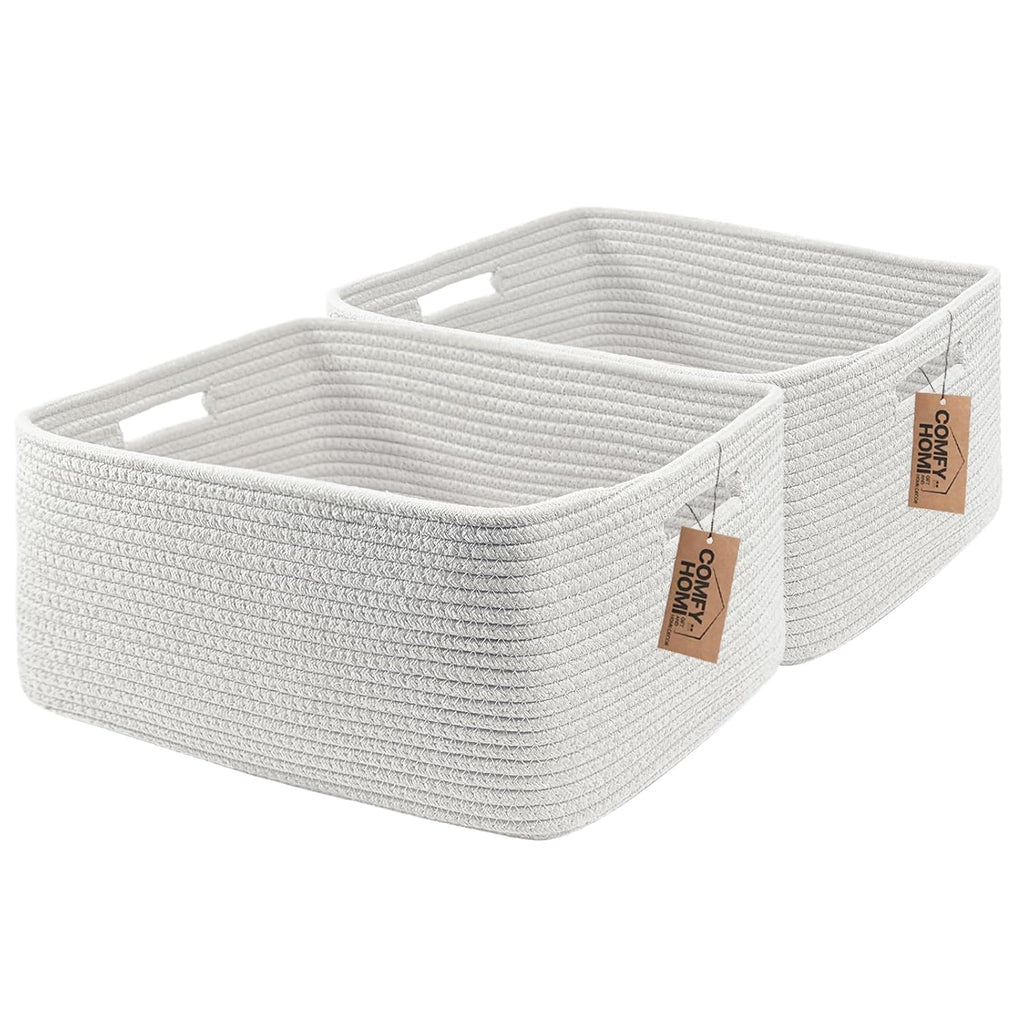 COMFY-HOMI 2 pcs Large Storage Baskets for Shelves, Laundry Basket, Woven Rope Basket, Closet Organizer Bins for Clothes Blanket Towels, Baby Nursery, Gift Toy Baskets, 17” x 13” x 7.5”-White