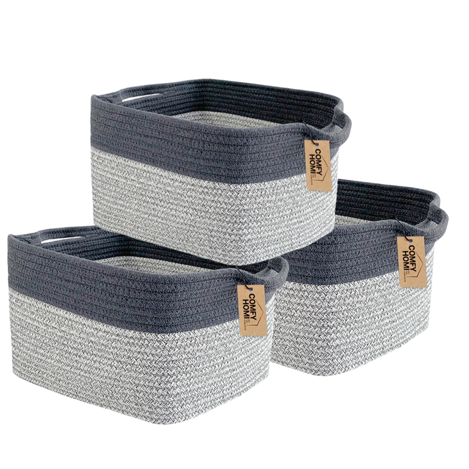 COMFY-HOMI 3Pack Cotton Rope Square Basket with Handles for Shelves|Dog Toy Storage Bin|Shoe Organizer - New 13.5" x 11" x 9.5" (Light Grey)