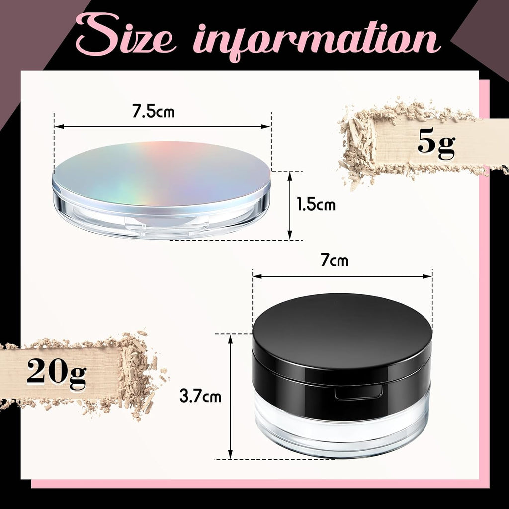 Cunhill 2 Pcs Loose Powder Container with Puff 0.17/0.7 oz Reusable Plastic Empty Case Portable DIY Makeup Powder Container Compact Case with Mirror and Net Sifter(Neon,Black)