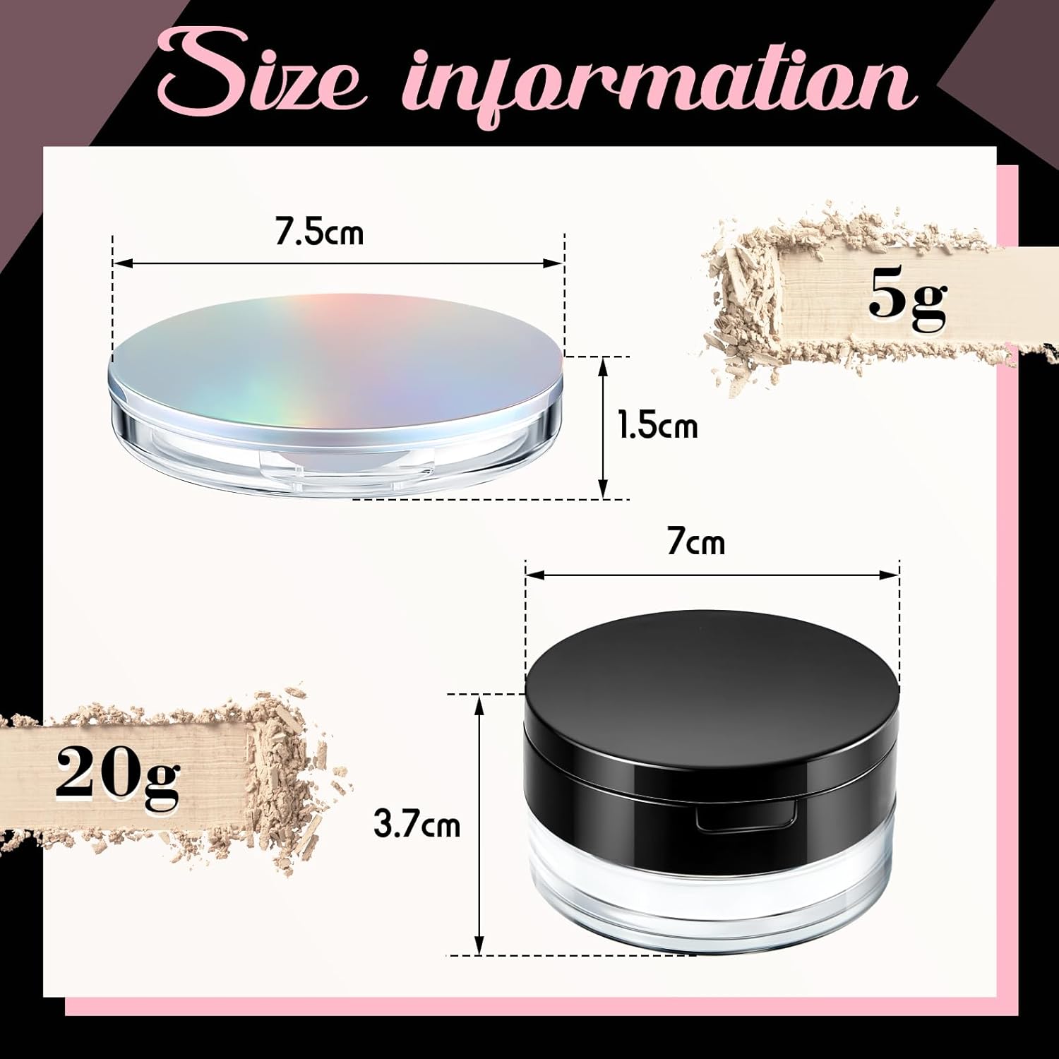 Cunhill 2 Pcs Loose Powder Container with Puff 0.17/0.7 oz Reusable Plastic Empty Case Portable DIY Makeup Powder Container Compact Case with Mirror and Net Sifter(Neon,Black)