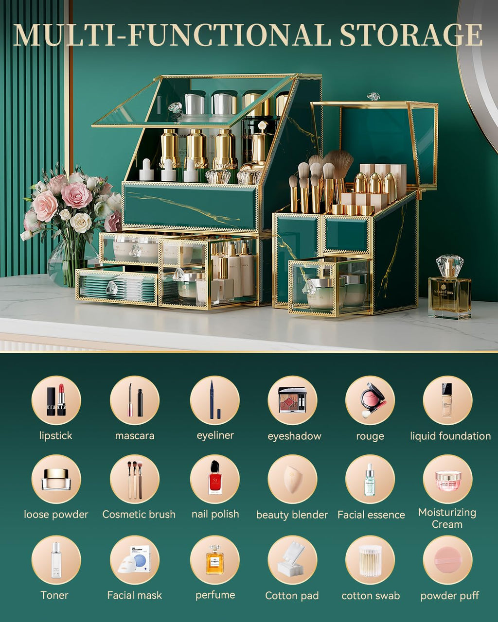 Makeup Organizer Green– Large Vanity Organizer for Skincare, Lipsticks, Perfume & Brushes – Countertop Cosmetic Storage Box for Women, Bathroom or Dresser.