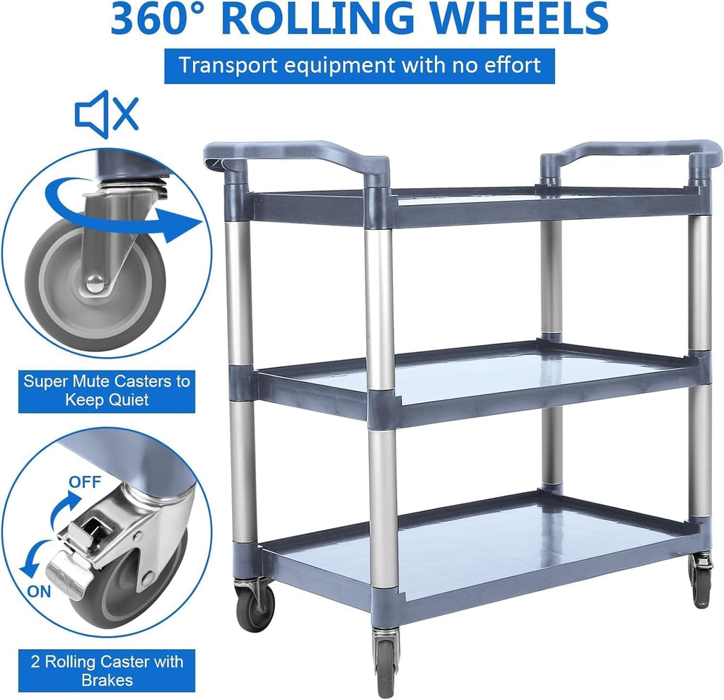 3-Tier Service Cart，3-Shelf Rolling Push Cart with Wheels，360 LBS Heavy Duty Utility Cart for Restaurant, Office, Kitchen & Hotel ，Grey