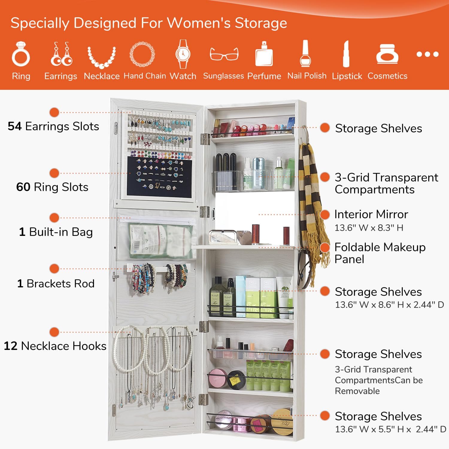 GISSAR Jewelry Mirror Armoire Wall Mount Over The Door Cabinet Storage Organizer Lockable Full Length Door Mirror(White)