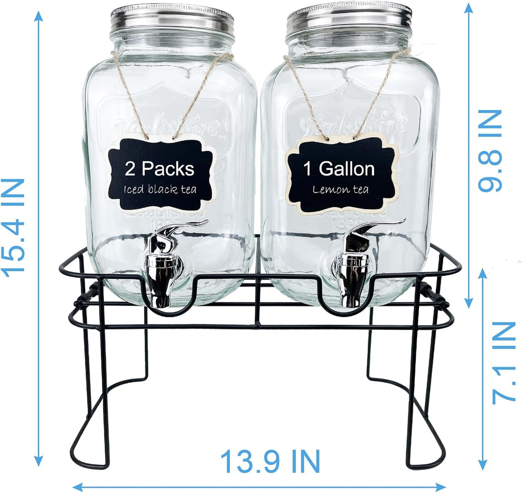 1 Gallon Glass Drink Dispenser for Parties, 2 Packs Juice Lemonade Ice Tea Water Dispenser with Stand, HENABLE Beverage Dispensers with Spigot for BBQ, Picnic, Party