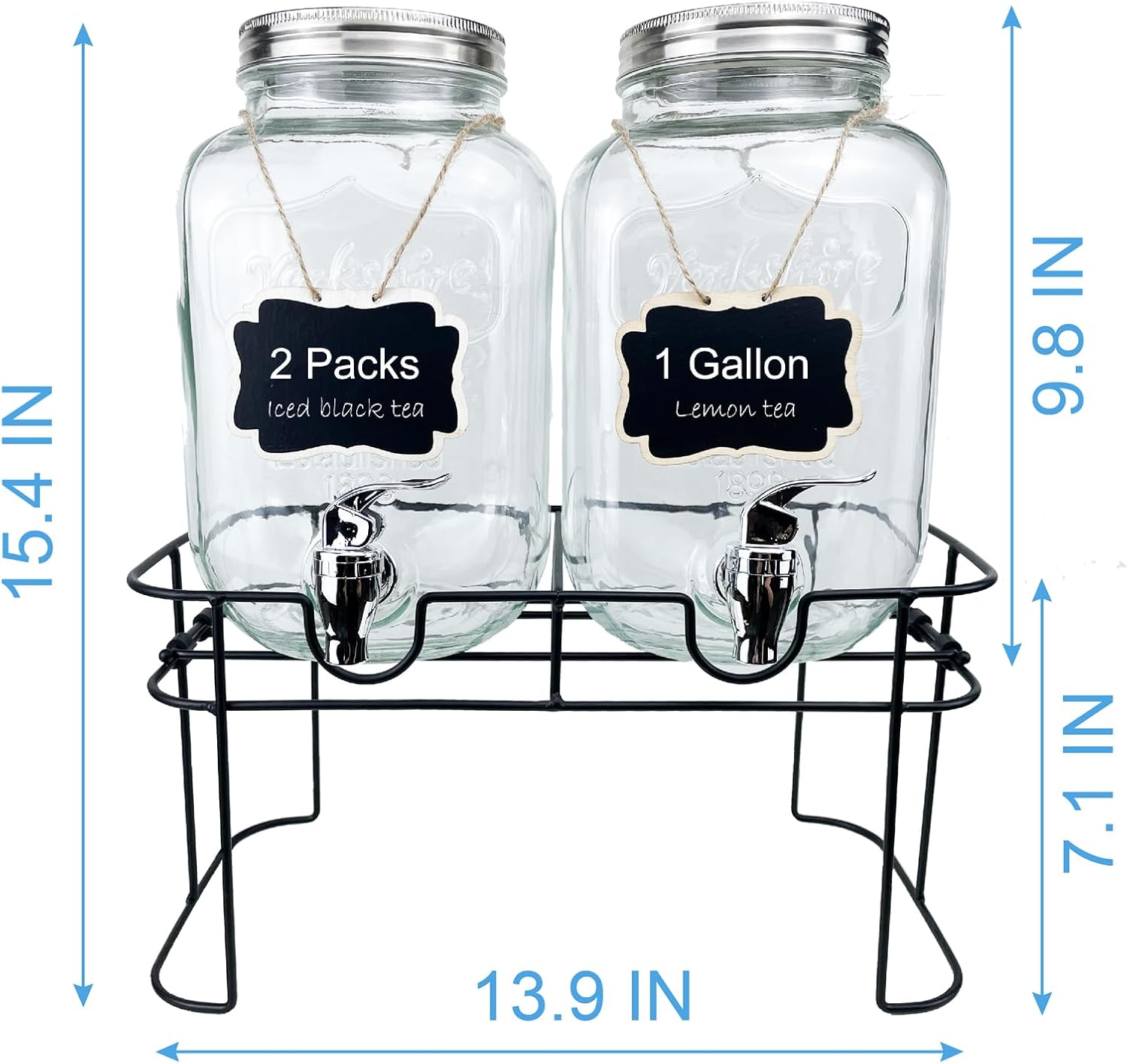 1 Gallon Glass Drink Dispenser for Parties, 2 Packs Juice Lemonade Ice Tea Water Dispenser with Stand, HENABLE Beverage Dispensers with Spigot for BBQ, Picnic, Party