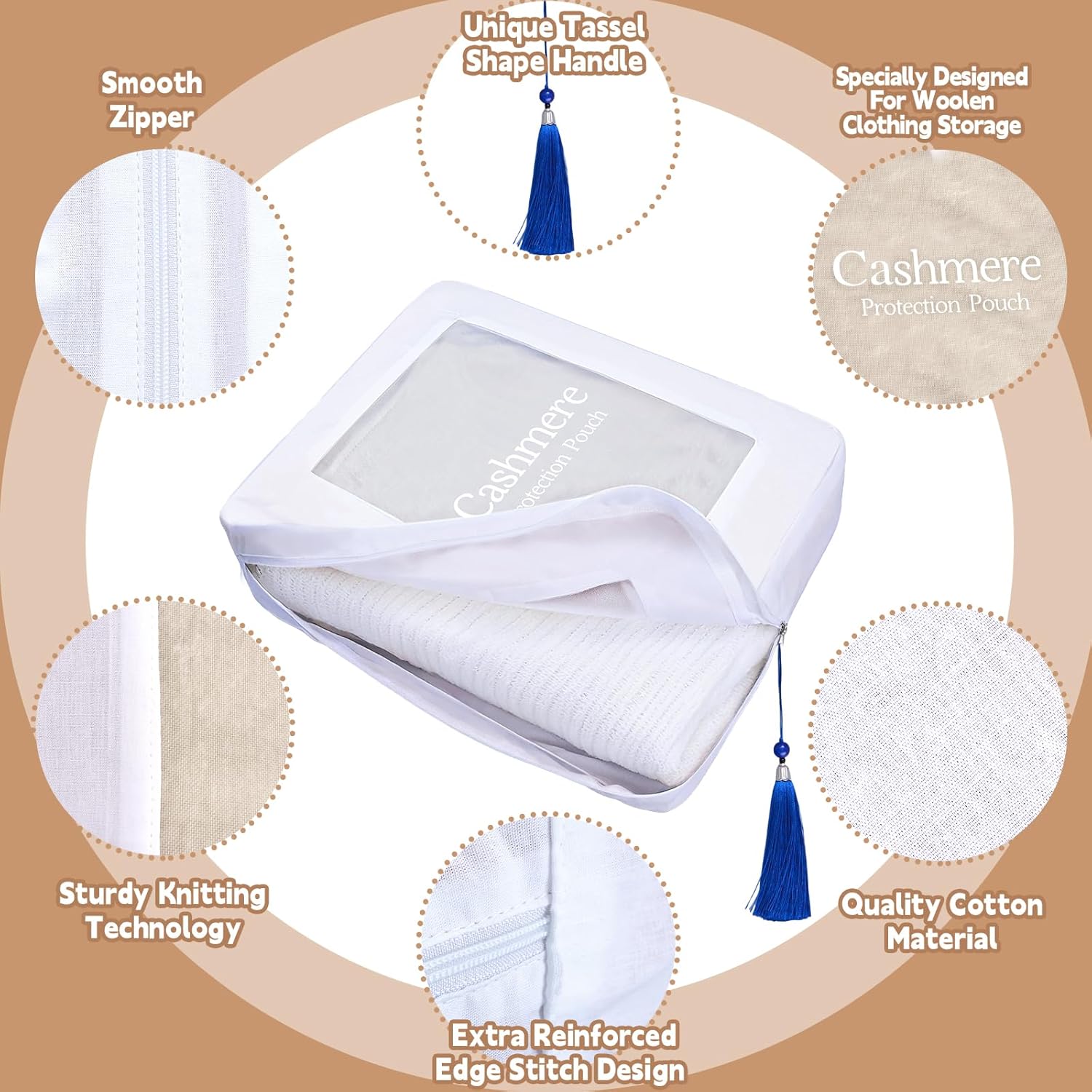 2 Pack Cashmere Protection Pouch, Cotton Sweater Storage Bags with Zippers Tassel and Organza Panel, Breathable Dustproof Clothing Bags Organizer for Wool, Gift for Cashmere Lovers