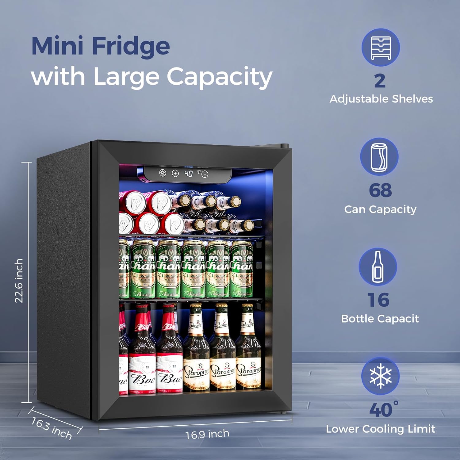 1.7 Cu.Ft Beverage Refrigerator Cooler - 68 Can Mini Fridge Glass Door for Drink Soda Beer Wine - Small Refrigerator for Bedroom Office Home Dorm Bar, Black