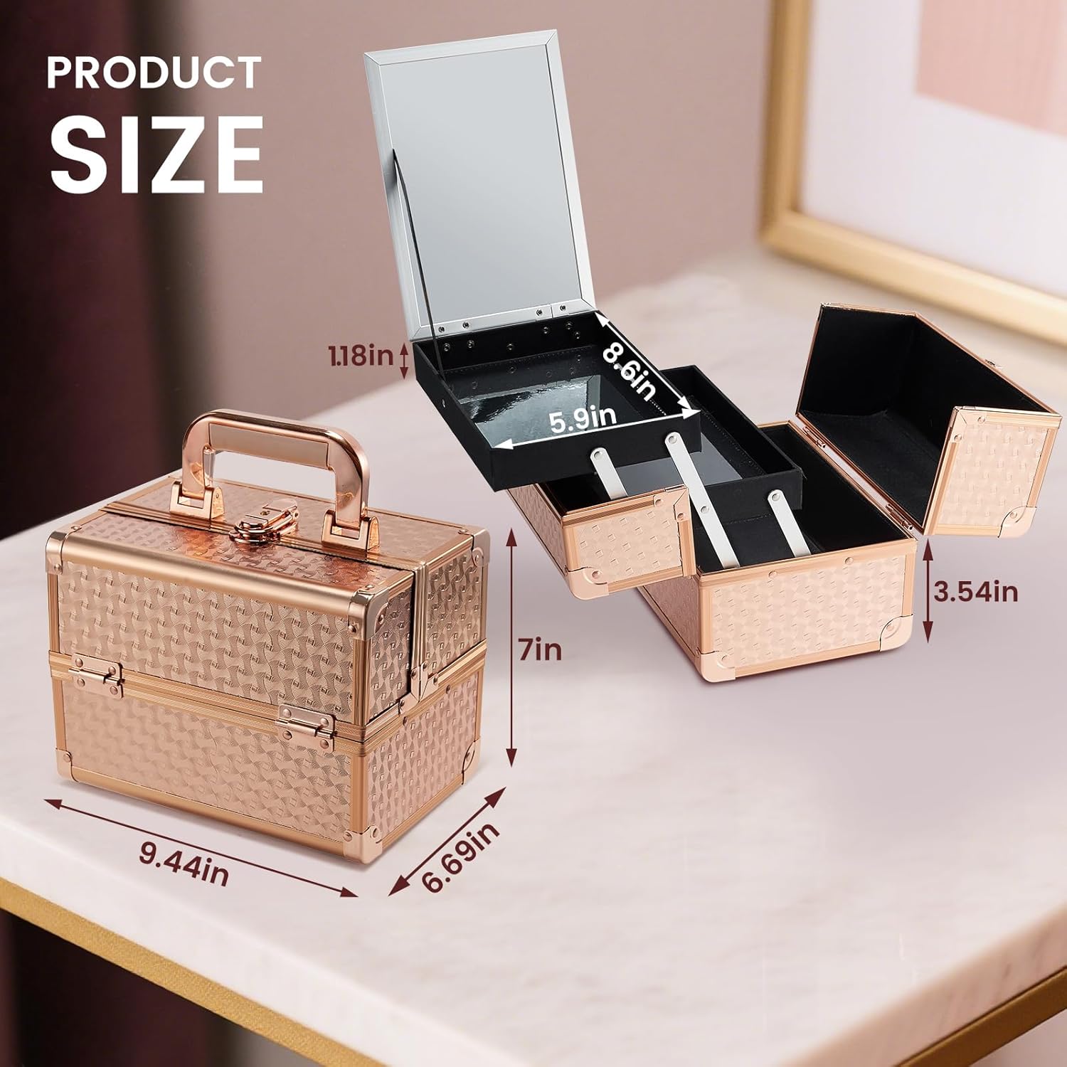 Joligrace Beauty Makeup Train Case for Lady Portable Cosmetic Box Jewelry Organizer Lockable with Keys and Mirror 2-Tier Trays Carrying with Handle Makeup Storage Box - Rose Gold