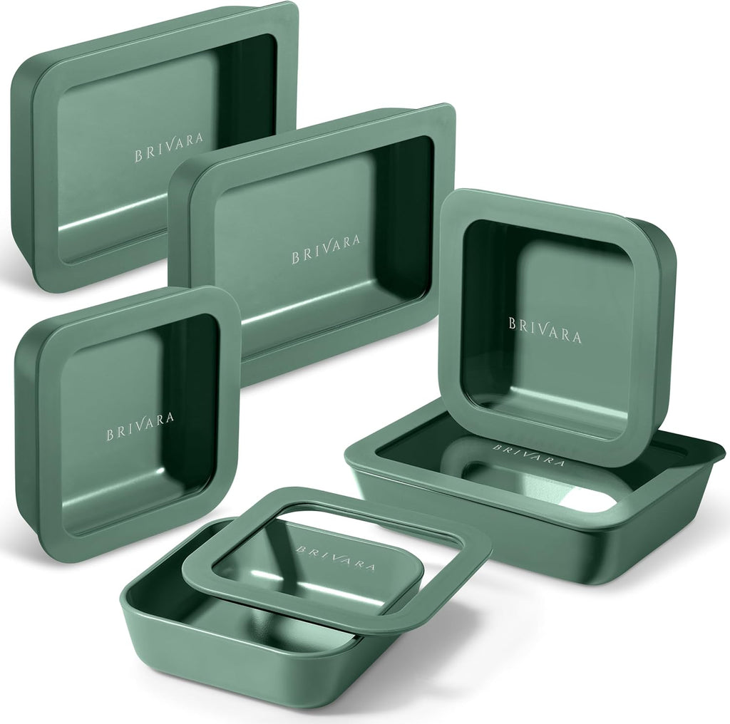 Ceramic Coated Glass Food Storage Container | No PTFE, PFOA, PFAS, and BPA | Reusable Non Toxic Meal Prep Container with Glass Lid | Easy To Store | 6 Piece Food Prep [Pine]