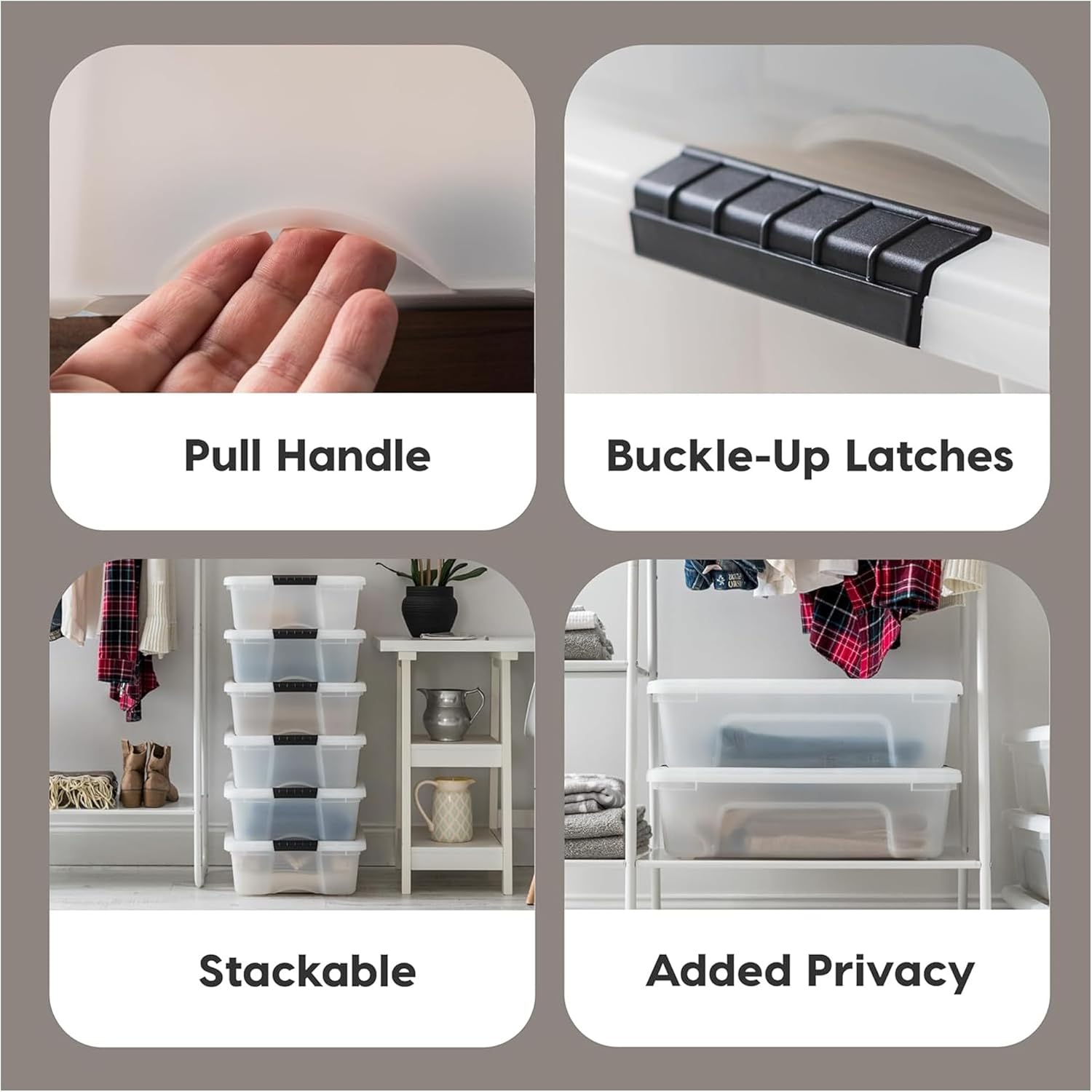 IRIS USA 27 Qt Stackable Plastic Storage Bins with Lids, 6 Pack - BPA-Free, Made in USA - Discreet Organizing Solution, Latches, Durable Nestable Containers, Secure Pull Handle - Pearl