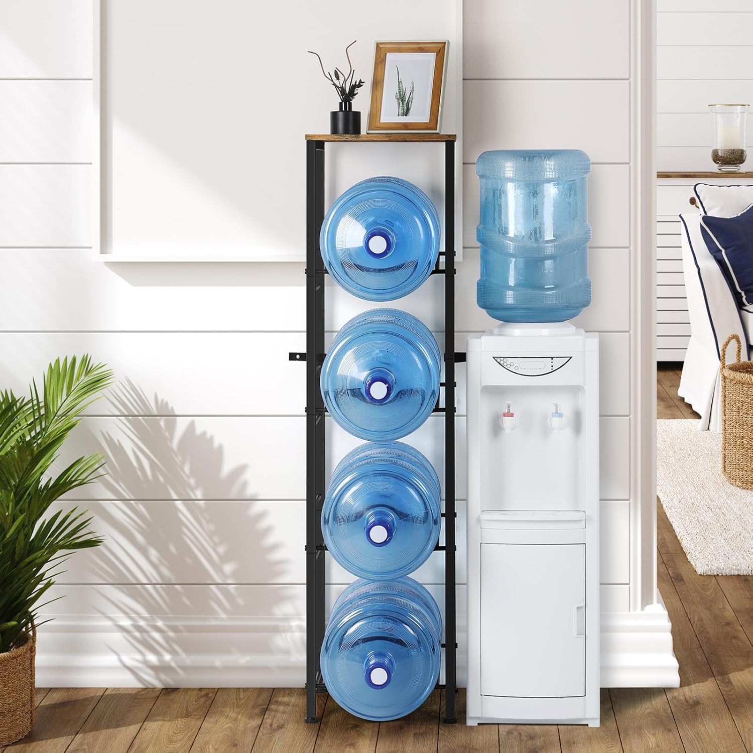 smusei Water Jug Holder Stand 5 Gallon Water Bottle Holder with Shelf, Heavy Duty 4-Tier Water Bottle Organizer Rack 5 Gallon Water Dispenser Stand for Home Office, Rustic Brown