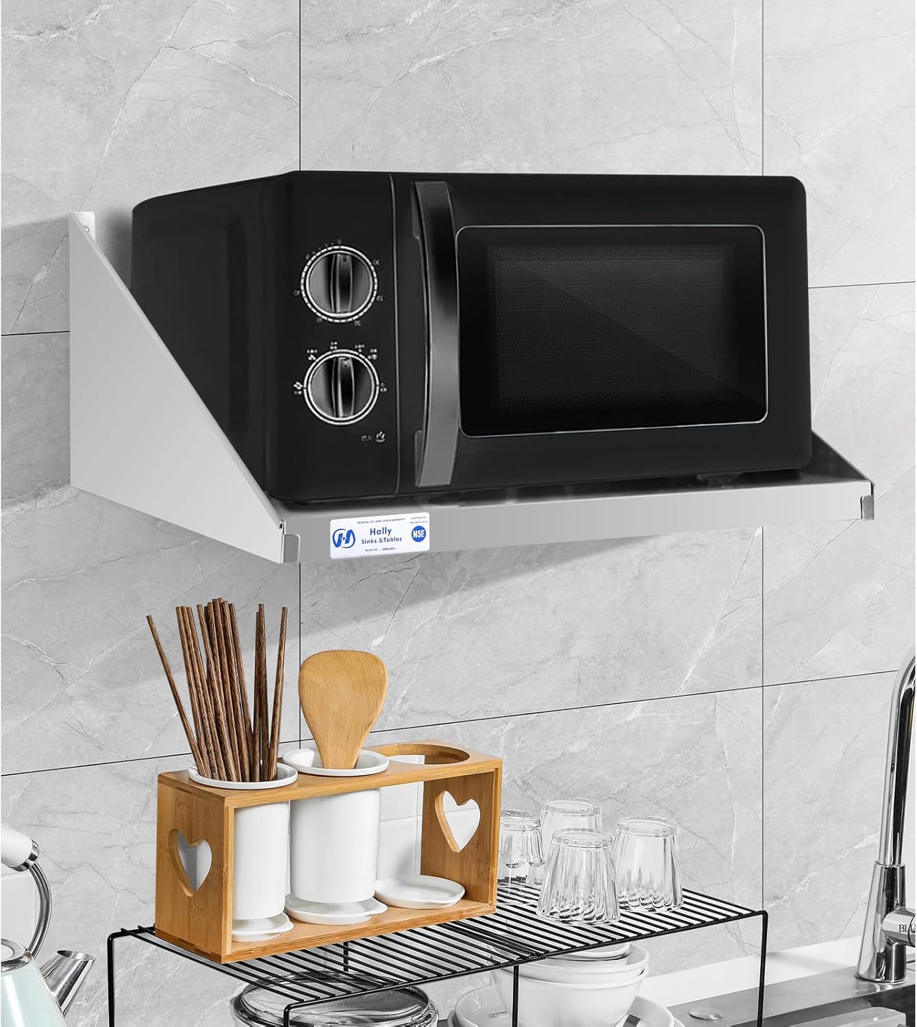 Hally Stainless Steel Microwave Shelf 24"x24" 200 lb, NSF Commercial Heavy Duty Metal Appliance Wall Mount Floating Shelving for Restaurant, Kitchen, Bar, Home and Hotel