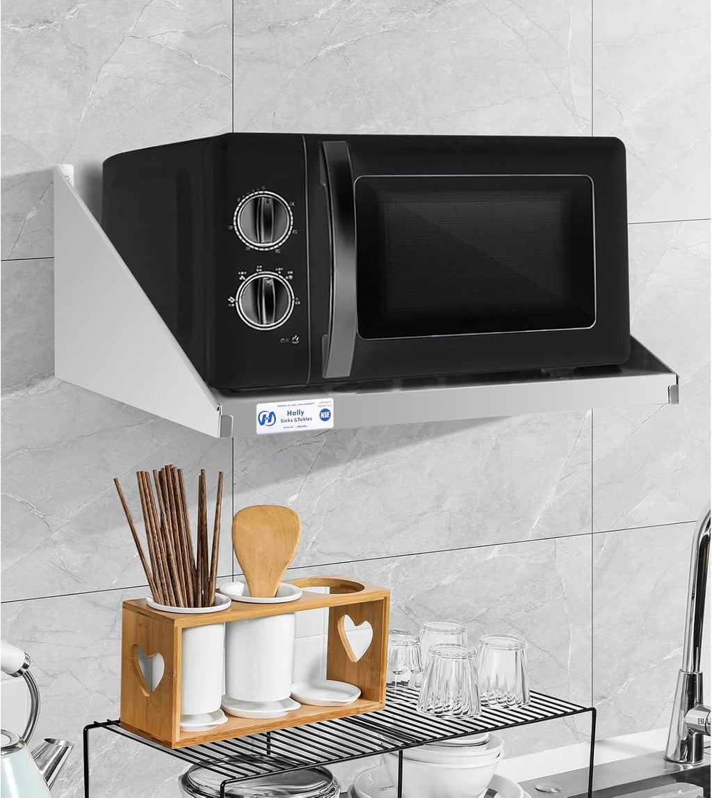 Hally Stainless Steel Microwave Shelf 18"x24" 185 lb, NSF Commercial Heavy Duty Metal Appliance Wall Mount Floating Shelving for Restaurant, Kitchen, Bar, Home and Hotel