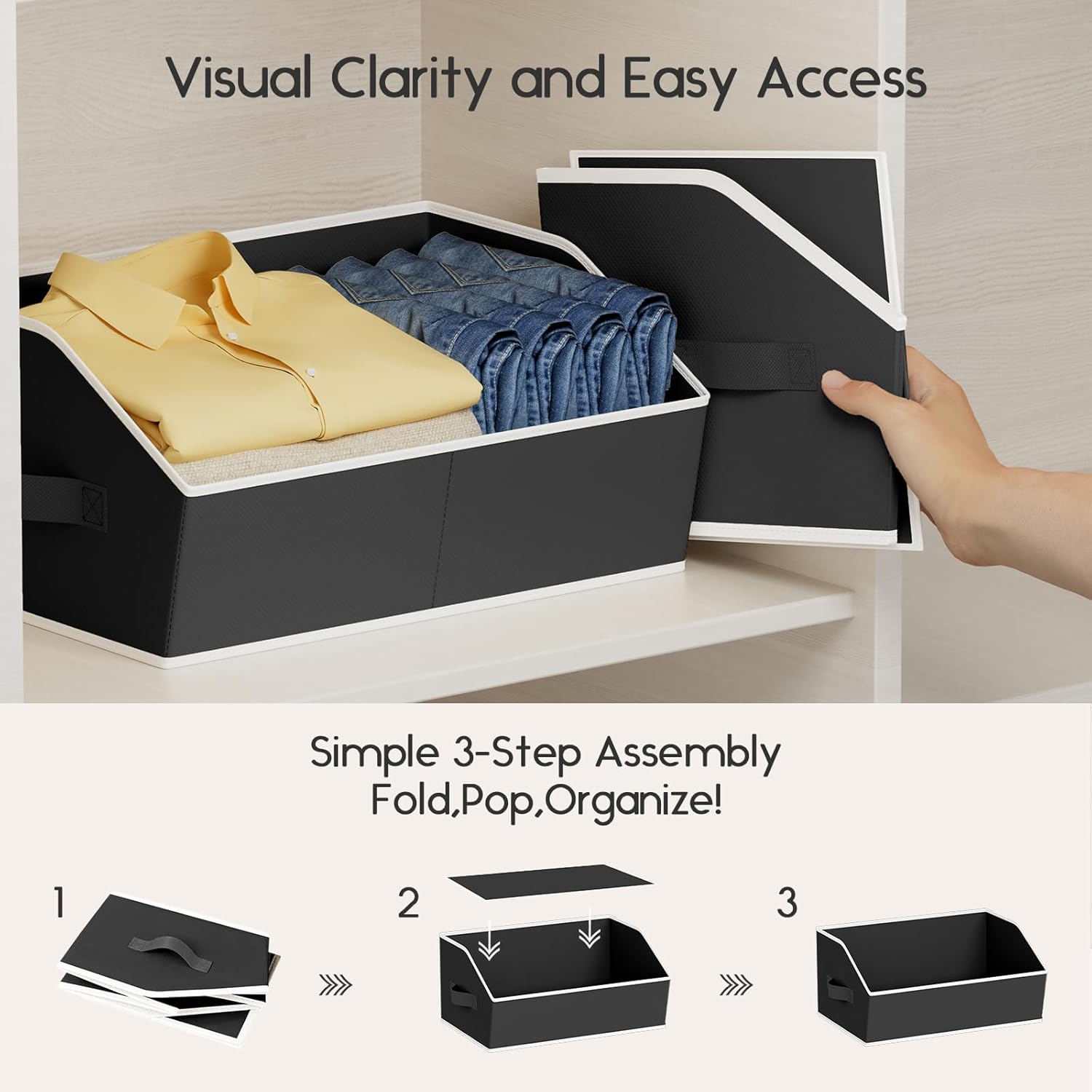 Large Closet Organizers and Storage Bins - 6 Pack Trapezoid Storage Baskets for Shelves, Foldable Fabric Baskets with Handles Ideal for Closet, Basket, Wardrobe and Shelf Storage, Black