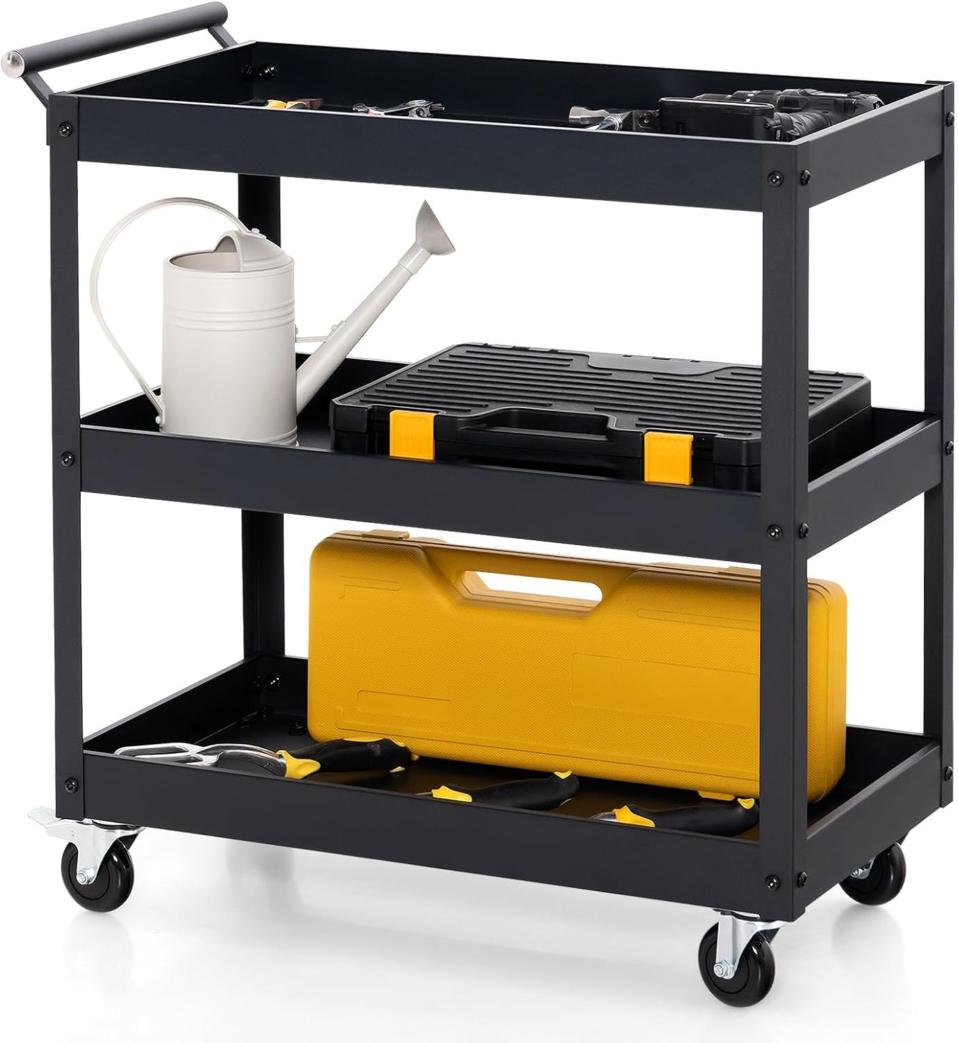 Goplus 3-Tier Utility Cart, Heavy Duty Commercial Service Tool Cart w/Lockable Wheels, 330lbs Load Capacity, Ergonomic Handle, Rolling Mechanic Tool Cart Storage Organizer for Warehouse Garage Black
