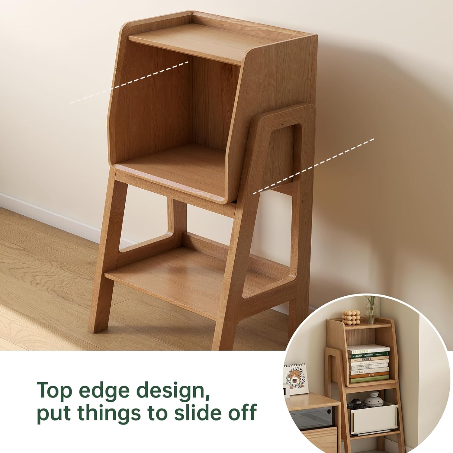 100% Solid Oak Ladder Shelf with Cabinet, 32.67" Tall Nightstand with Stable Frame for Bedroom, Small Bookcase for Living Room Nursery(Natural, Fully Assembly Furniture)