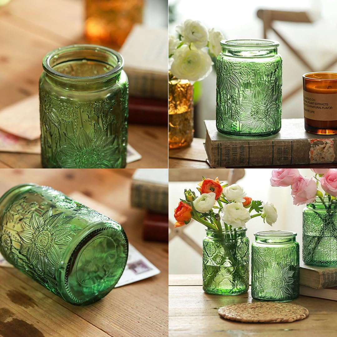 Set of 2 Vintage Glass Jars, Green Glass Storage Jars with Solid Wood Lids (23.7 oz) for Kitchen, Pantry, Candy, Flour, Oatmeal, Coffee Beans, Pet Food, Laundry Detergent, Cute Jar (Green, 2 Pack)