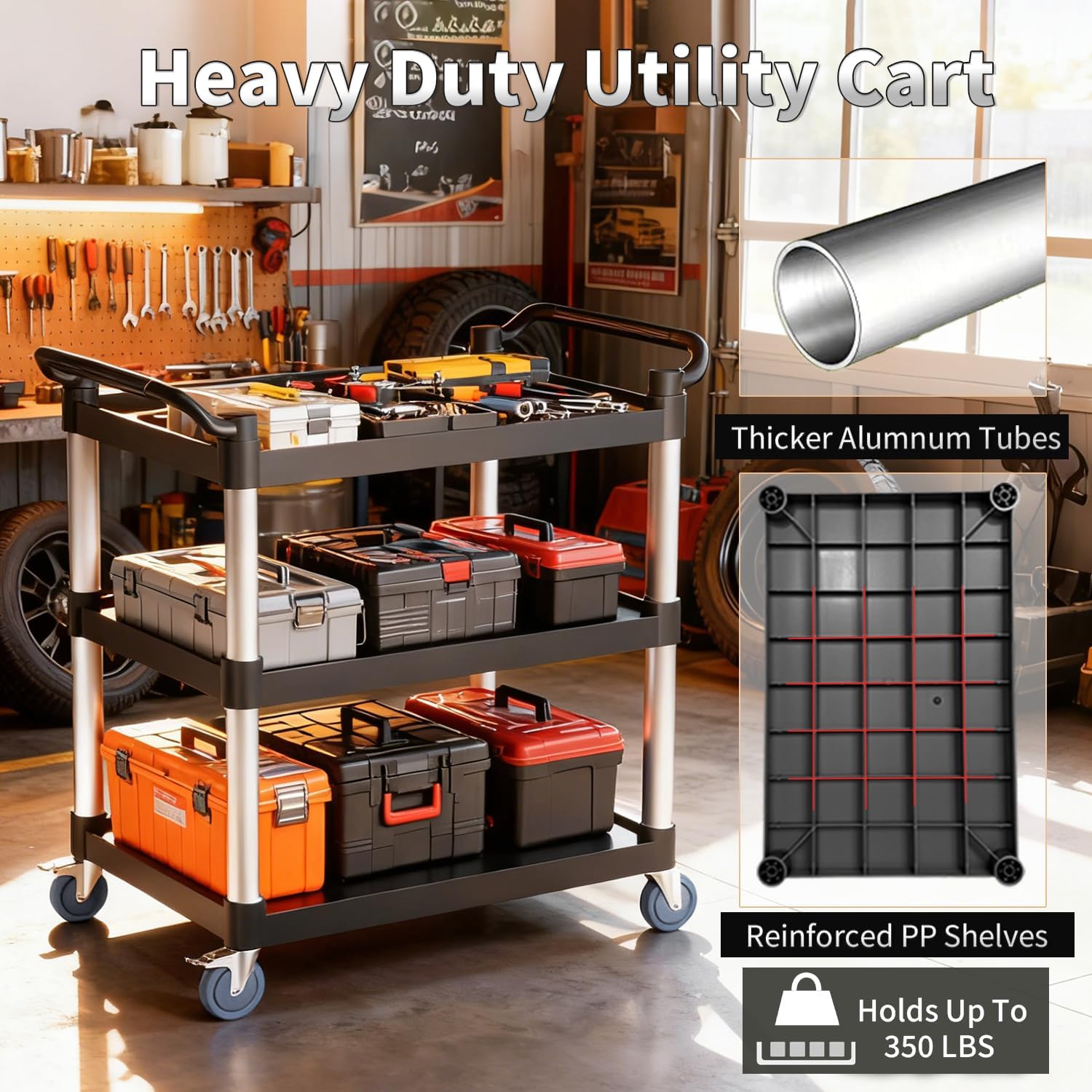 3 Tier Rolling Cart with Hair-Proof Wheels, Plastic Utility Service Cart, Heavy Duty 350 Lbs Capacity, Solid Handle, Commercial Serving Cart for Home/Office/Restaurant/Warehouse.34.2"×17"×37"