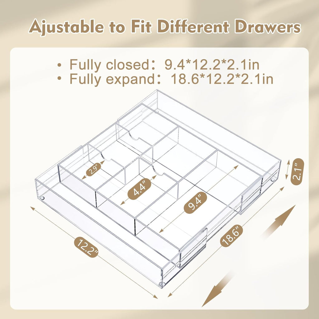 1 Pcs Acrylic Desk Drawer Organizer 2 Inch Height Expandable Drawer Organizer Trays with Adjustable Compartments Desk Accessories for Makeup Silverware Office Bathroom(Clear, Classic)