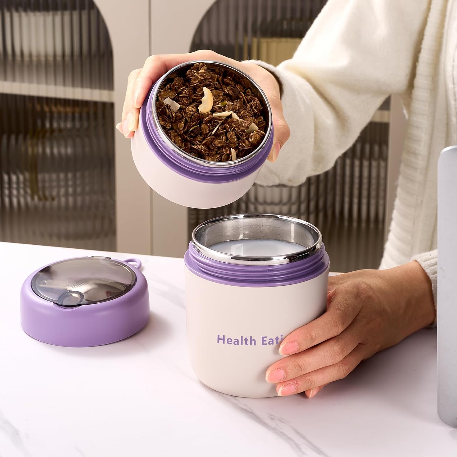 Overnight Oats Containers with Lids and Spoons, 24 oz On The Go Reusable Snack Cup Container for Yogurt Parfait, Middle Compartment, Portable & Lightweight for Work, Travel, Gym - Dishwasher Safe