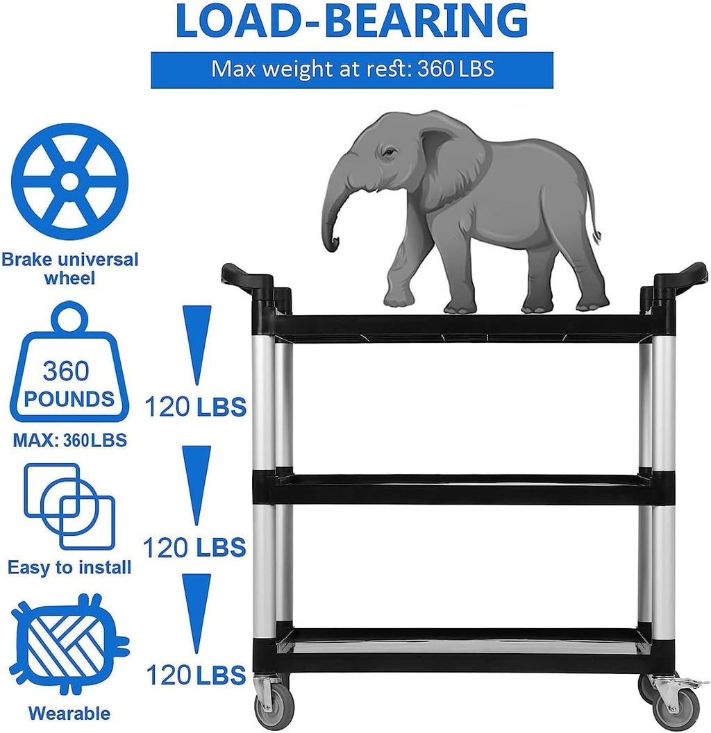 3-Shelf Service Cart，42" Wx20 Dx39 H，360 Lbs Heavy Duty Utility Cart ，Rolling Cart with Lockable 360° Swivel Wheels for Foodservice, Restaurant & Cleaning，Black