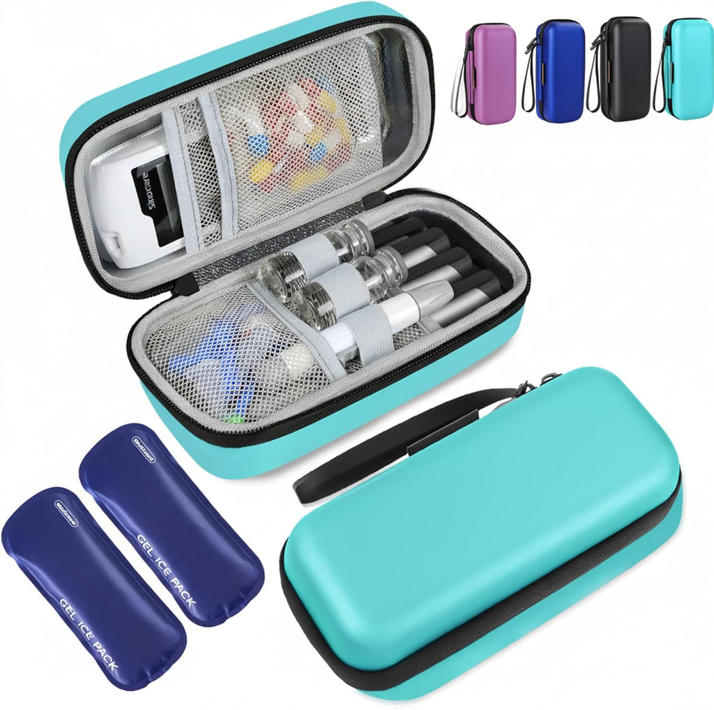 Insulin Cooler Travel Case, Portable Temperature Display Medicine Travel Cooler, Diabetes Case with 2 Reusable Ice Packs TSA Approved for Diabetic Supplies Patent Pending(Seafoam-No Temp)