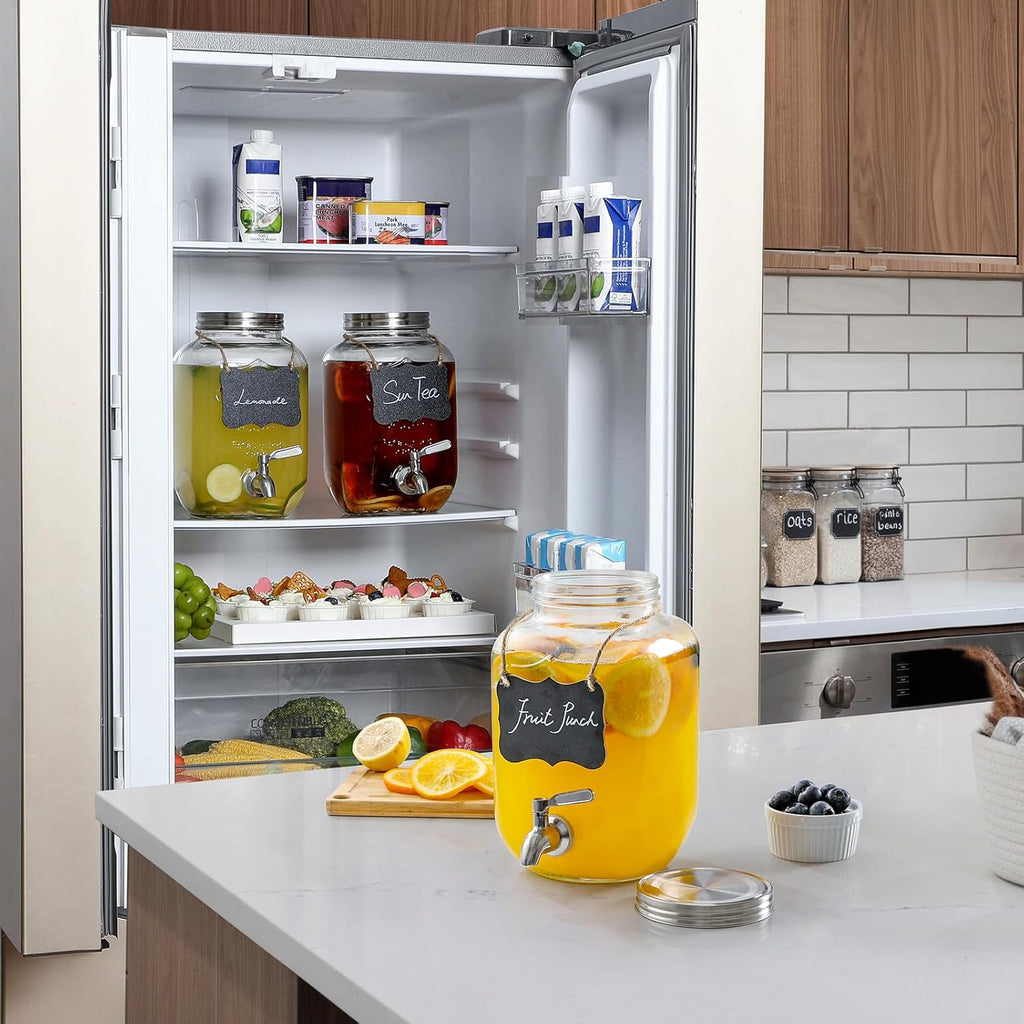 1 Gallon Glass Beverage Dispenser, 18/8 Stainless Steel Spigot and Lid, Glass Drink Dispensers for Parties, Mason Jar Drink Dispensers with Lids