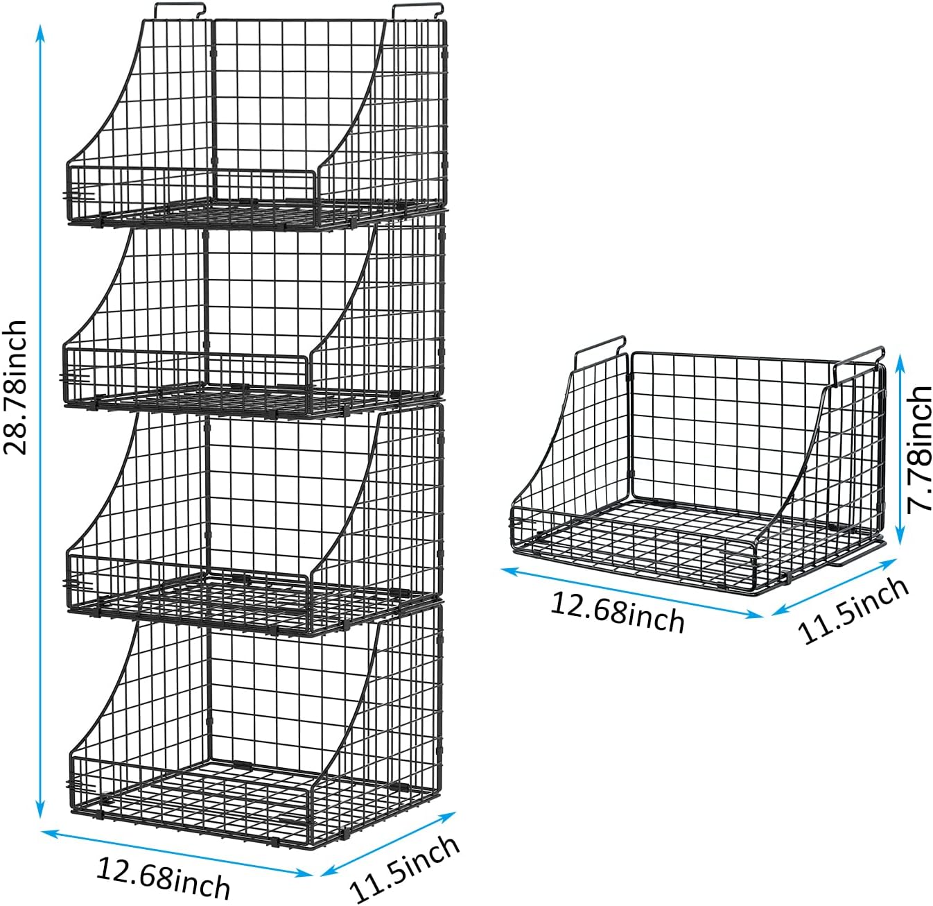 4-Pack Stackable Wire Baskets for Closet Organizers and Storage, Open Storage Bins for Clothes, Toys, and Snacks - Rustic Metal Closet Organizer and Shelves in Black