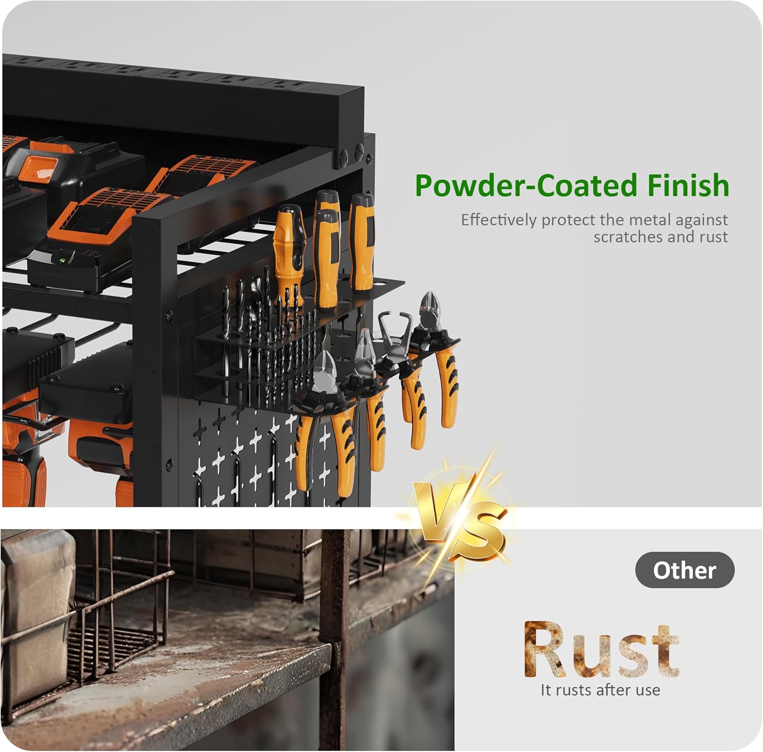 Power Tool Organizer Rolling Cart with Charging Station, Garage Floor Stand Rolling Tool Storage Rack with Charging Power Strip, Garage Storage Heavy Duty Utility Shelf with Wheels