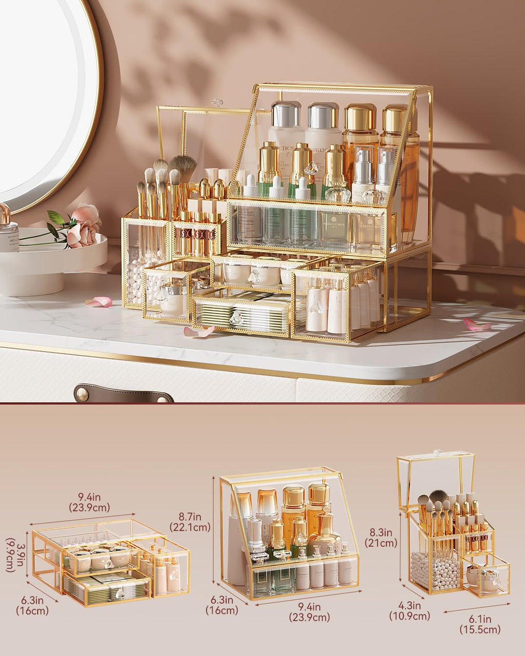 Clear Makeup Organizer with Gold Frame – Countertop Vanity Organizer for Skincare, Lipsticks, Perfume & Brushes – Bathroom Cosmetic Storage Display Box