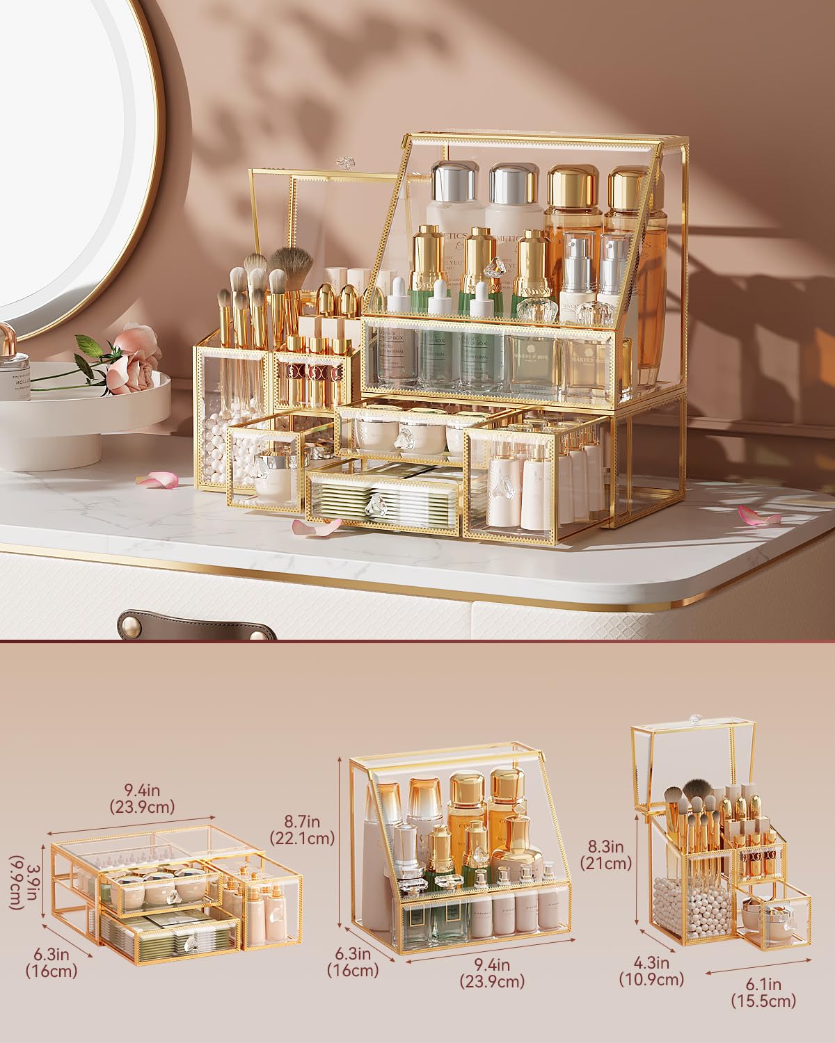 Clear Makeup Organizer with Gold Frame – Countertop Vanity Organizer for Skincare, Lipsticks, Perfume & Brushes – Bathroom Cosmetic Storage Display Box