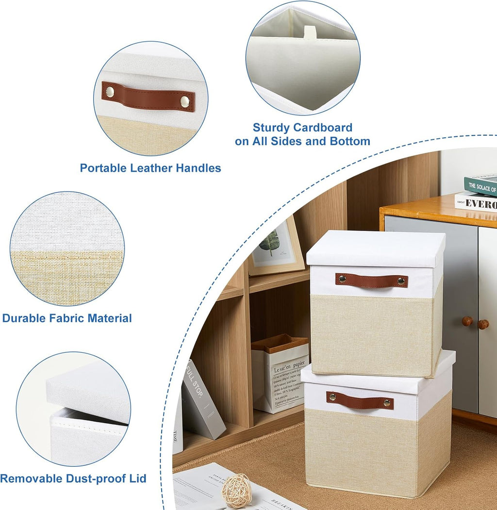 Temary Foldable Fabric Storage Bins with Lids, 2-Pack Storage Bin for Organizing Living Room, Closet Organization, Multi-Purpose Storage Boxes for Clothes (White&Khaki, 10.5x10.5x10.5in)