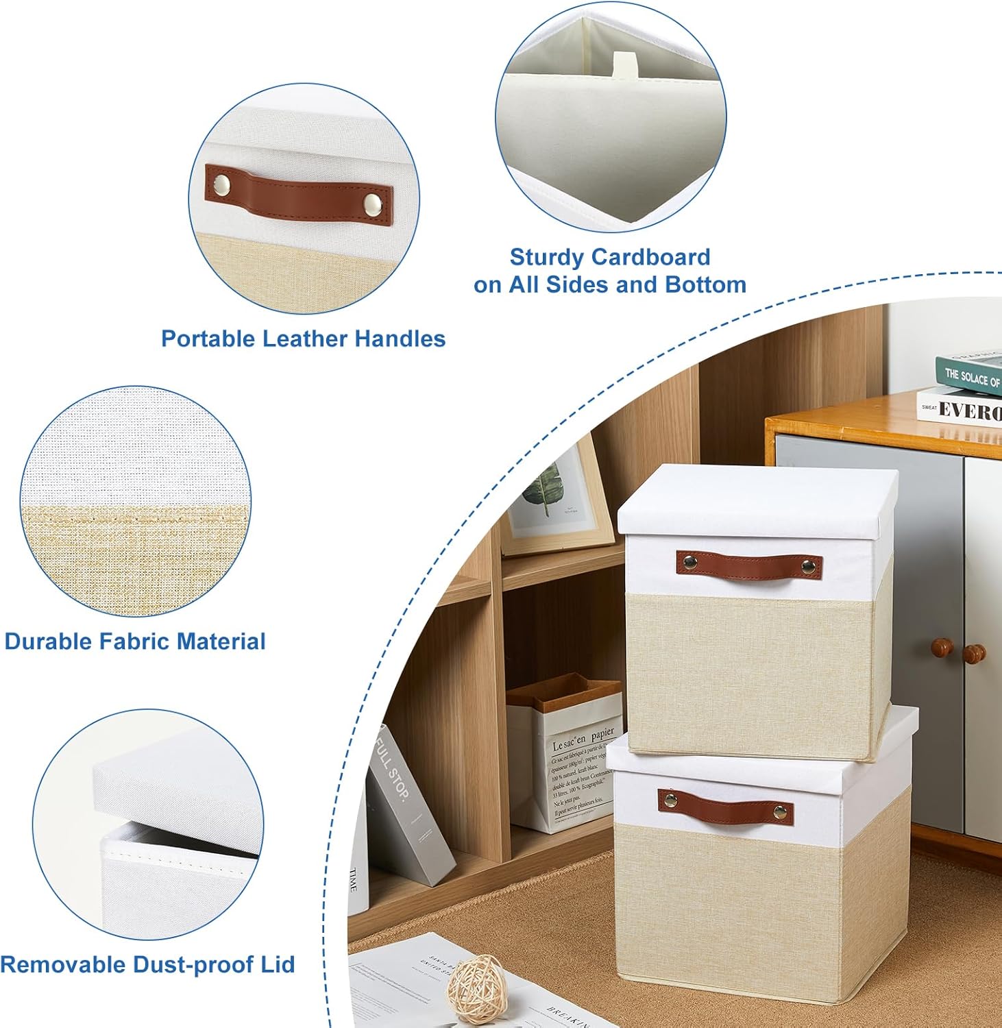 Temary Foldable Fabric Storage Bins with Lids, 2-Pack Storage Bin for Organizing Living Room, Closet Organization, Multi-Purpose Storage Boxes for Clothes (White&Khaki, 10.5x10.5x10.5in)