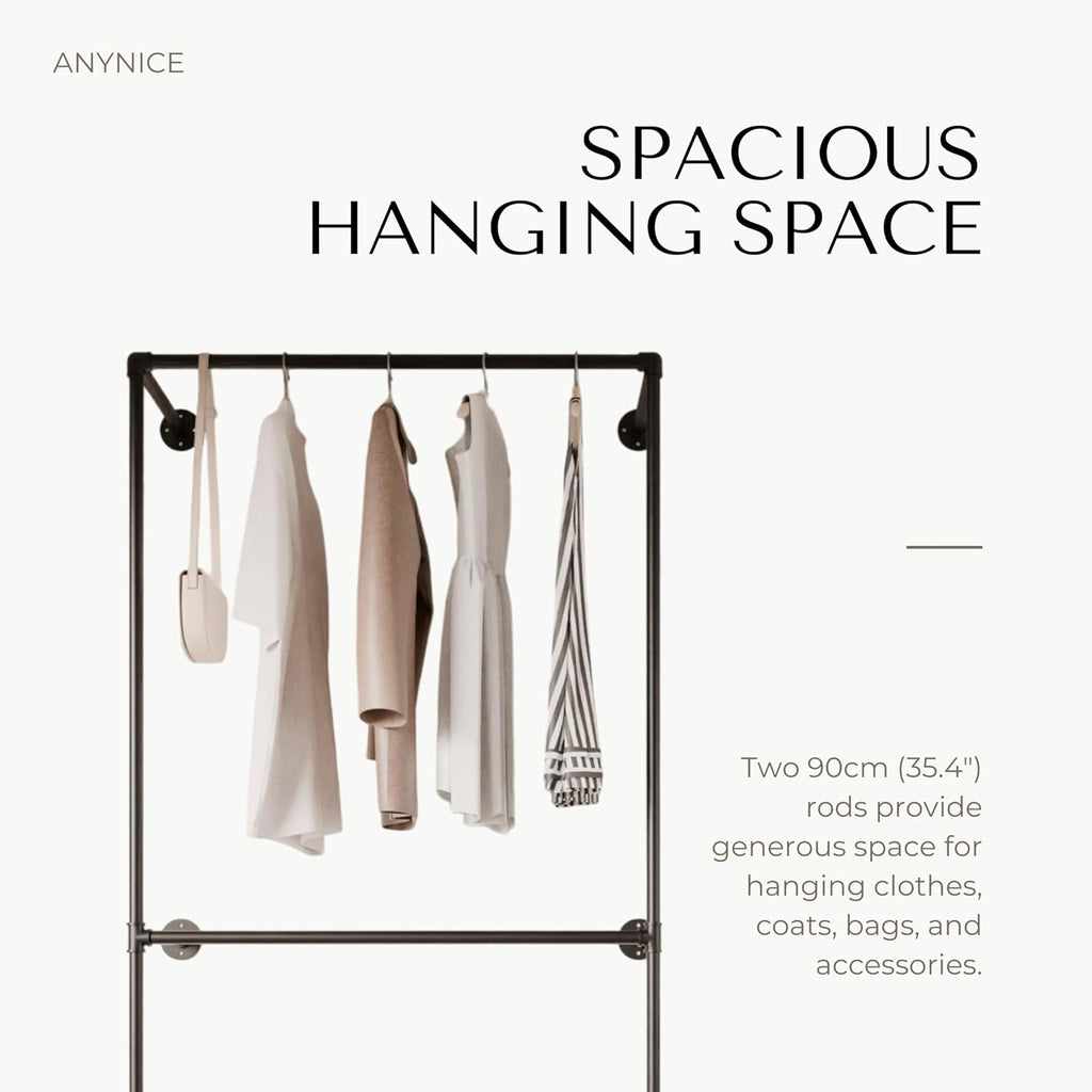 Industrial Pipe Clothing Rack, Heavy Duty Wall Mounted Clothes Rack,Retail Display Hanging Garment Rod for Laundry Room, Closet Storage - 14.6x37.4x82.7 Inches, Model K01