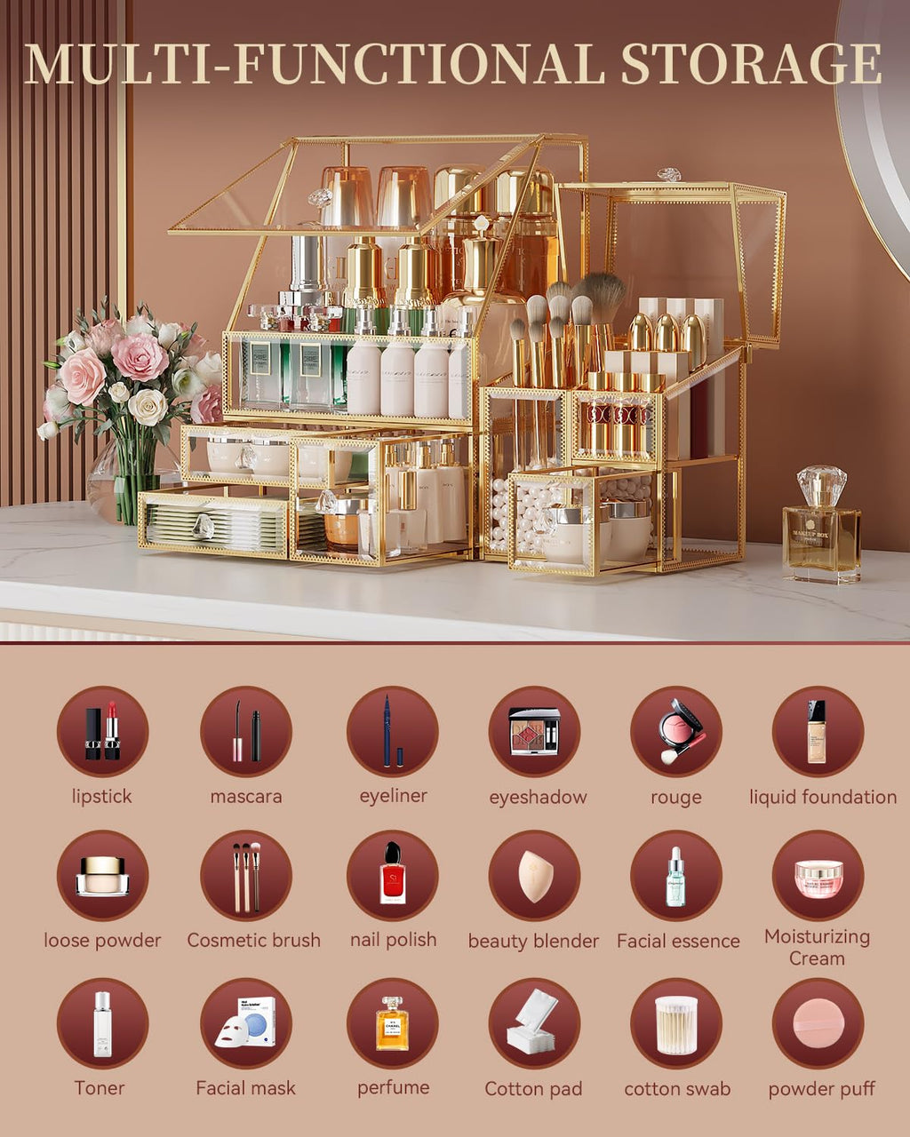 Clear Makeup Organizer with Gold Frame – Countertop Vanity Organizer for Skincare, Lipsticks, Perfume & Brushes – Bathroom Cosmetic Storage Display Box