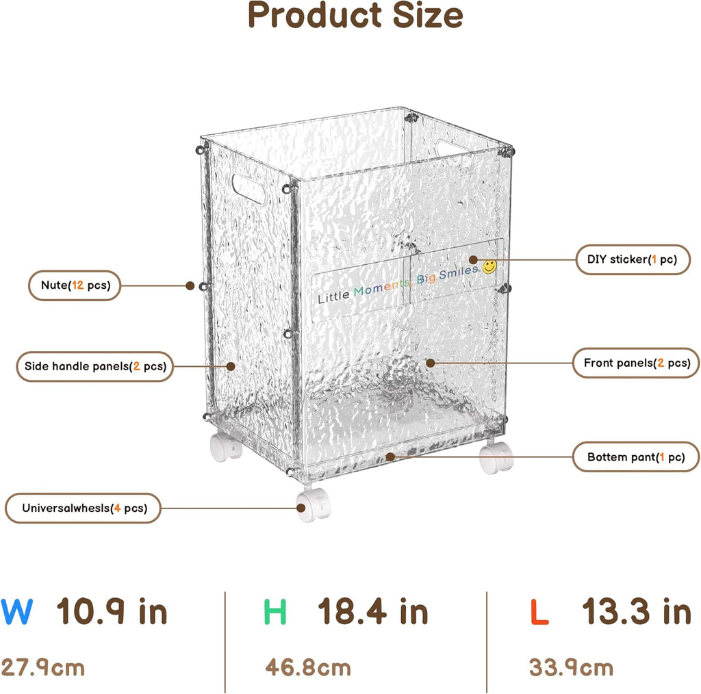 Stuffed Animal Storage with Wheels, Rolling Toy Storage Bin, Slim Tall Kid-Safe, Impact-Resistant Organizer for Playroom/Nursery/Bedroom, 360° Wheels, Fits Yoga Mats & Sports Gear (Glacier)