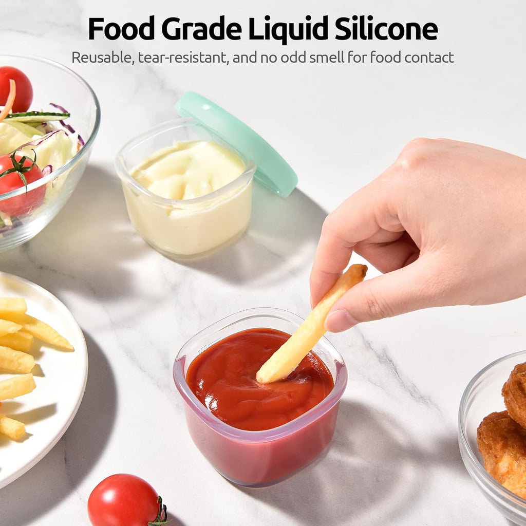 U-Taste 3oz Mini Sauce Containers: Food Grade Liquid Silicone Condiment Storage with Airtight Lid, Freezer Safe with Clear 100ml Measurements, Reusable for Dipping Ketchup, Salad Dressing (Aqua Sky)