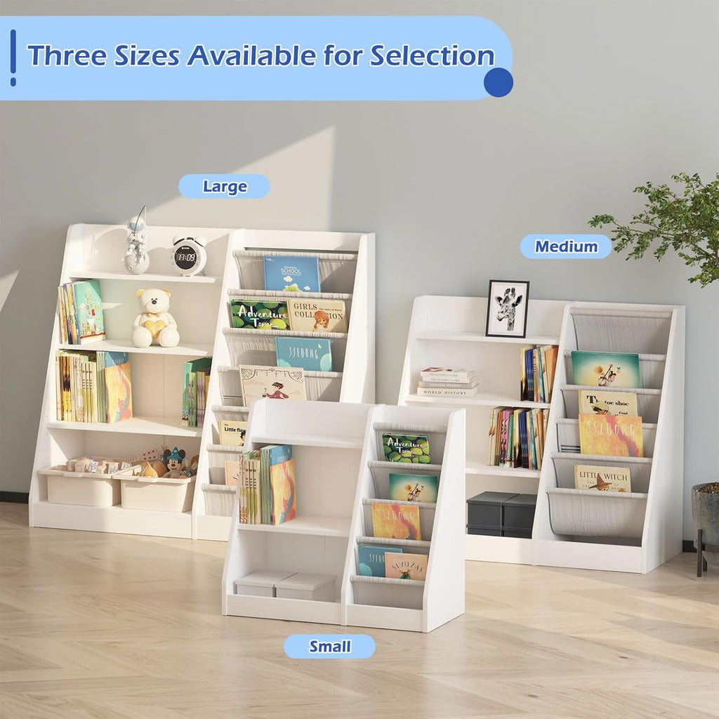 White Kids Bookshelf Wood Toy Storage Organizer Cabinet Children Bookcase Toddler Baby Sling Book Rack Adjustable Shelf for Playroom Bedroom Nursery Hallway School Kindergarten