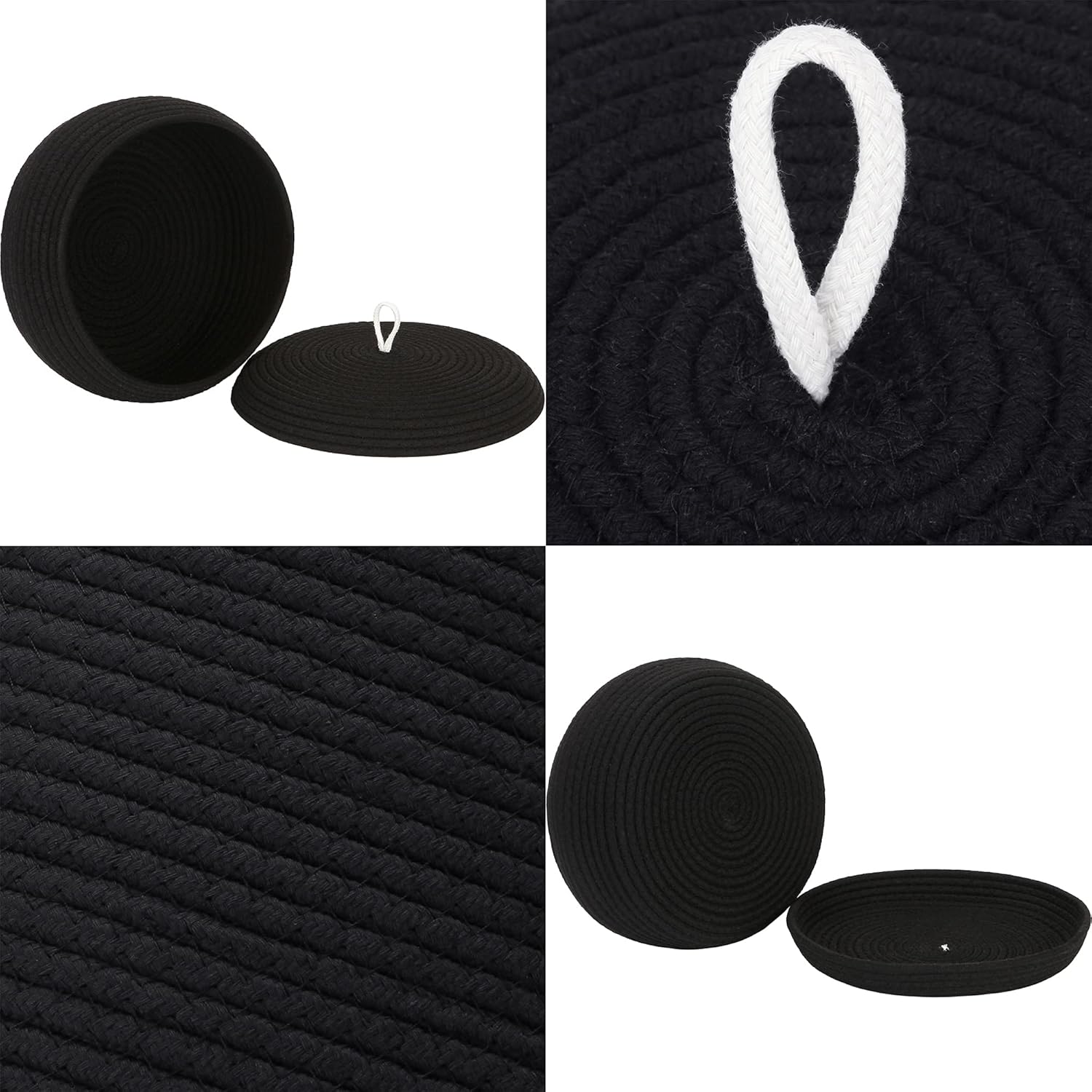 Sea Team Round Cotton Rope Storage Basket with Lid, Decorative Woven Storage Bin, Pot, Caddy, Organizer, Container for Snacks, Towels, Plants, 13 x 5.5 Inches (Large, Shallow, Black)