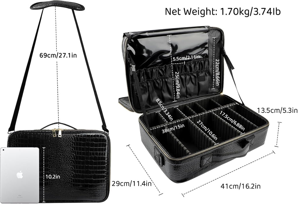 JOURMON Travel Makeup Train Case,Large Capacity Cosmetic Bags for Women,Portable Makeup Bag Organizer with Adjustable Dividers & Shoulder Strap (Crocodile Pattern Black, L)