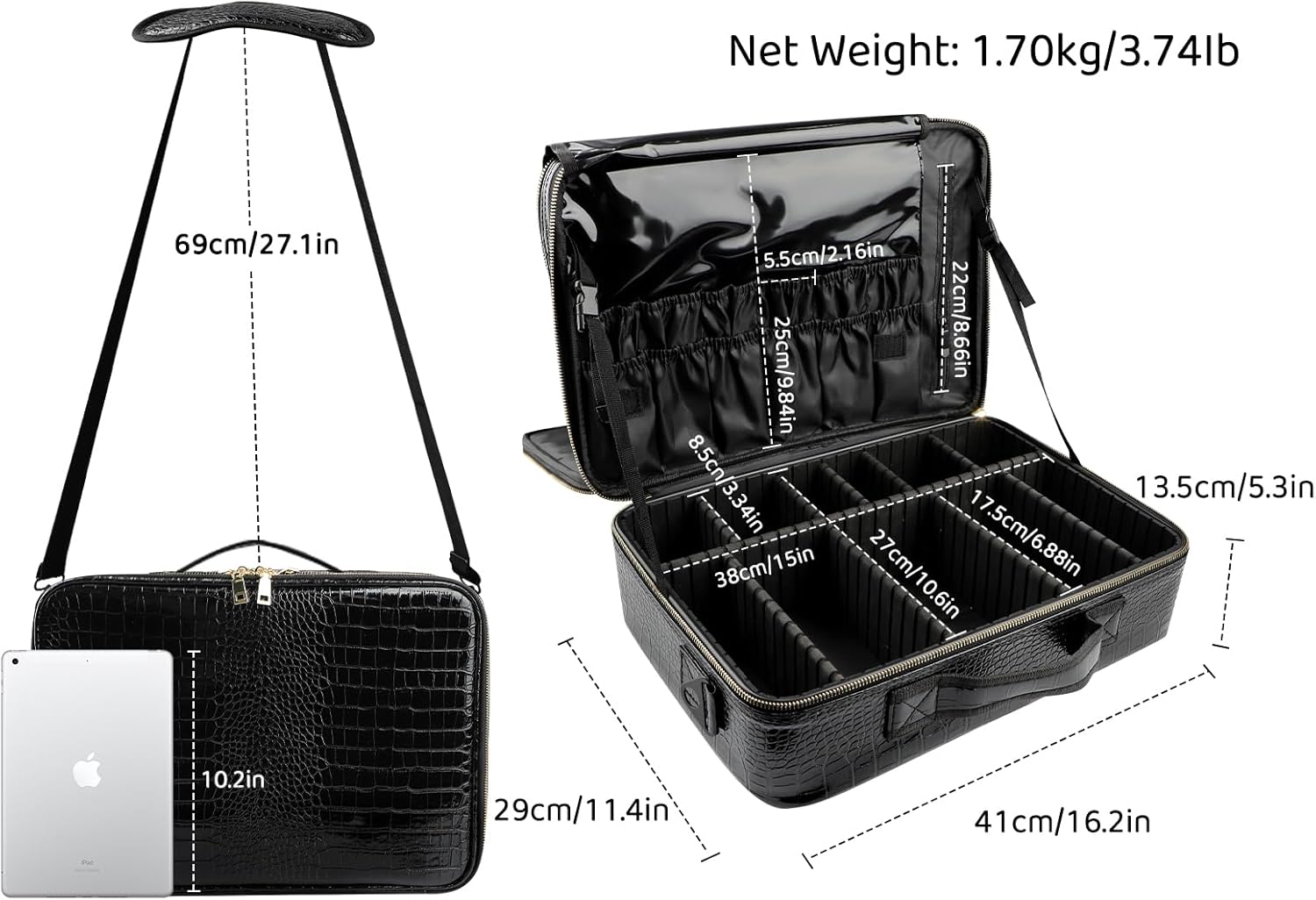 JOURMON Travel Makeup Train Case,Large Capacity Cosmetic Bags for Women,Portable Makeup Bag Organizer with Adjustable Dividers & Shoulder Strap (Crocodile Pattern Black, L)