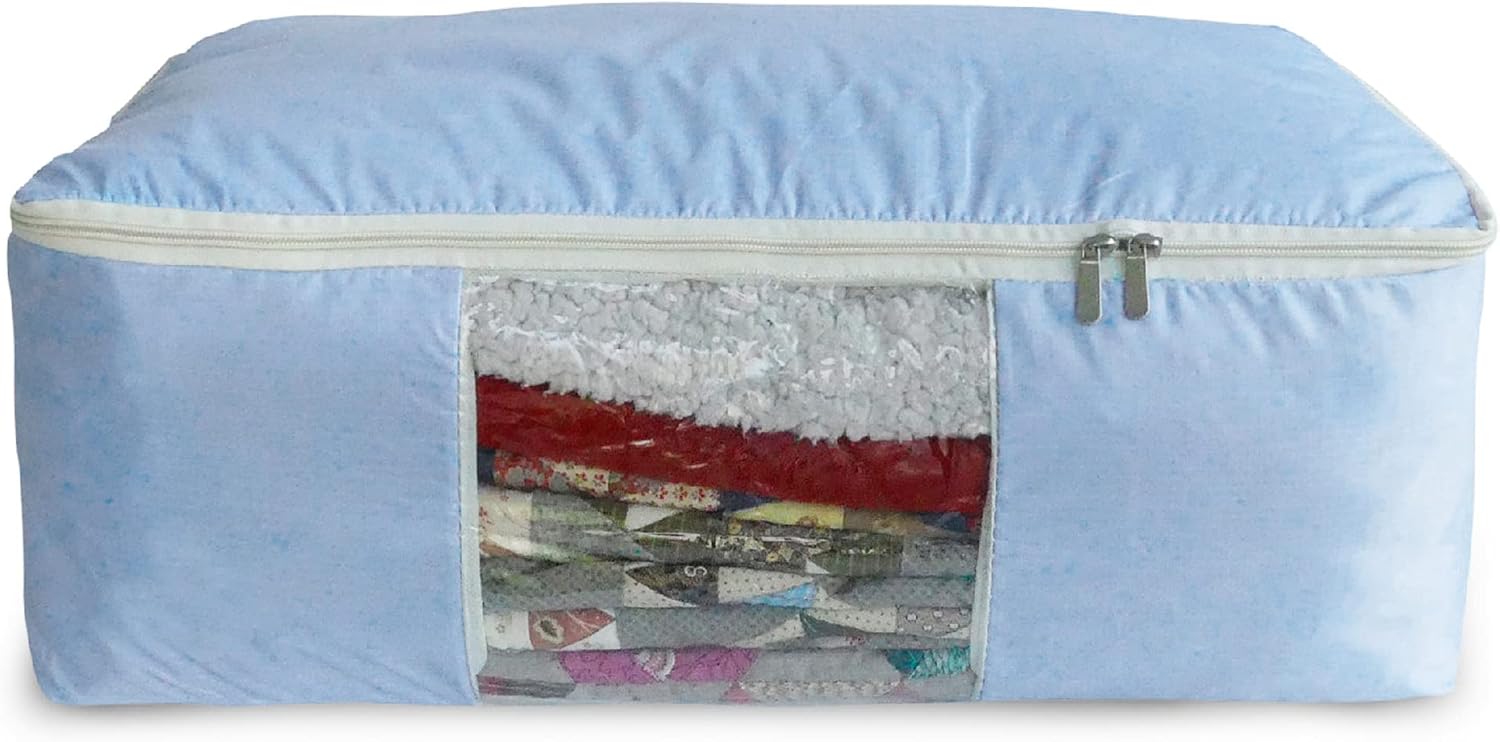 Madam Sew Quilt Blanket Storage Bag|Blanket Organizer|Comforter Storage for Clothes, Quilts, Bedding|Linen Bag Storage with Visible Front Panel, Strong Handles & 2-Way Zipper - Periwinkle 22x15x8"