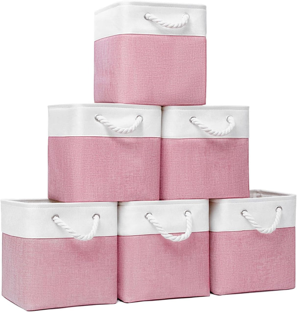 Fabric Storage Cubes, 11 inch cube storage bin with Handles, 11x11cube storage organizer bins, Collapsible Storage Bins for Shelves and Home, Cubby Storage Bins (White-Pink, 10.5x10.5x11in)
