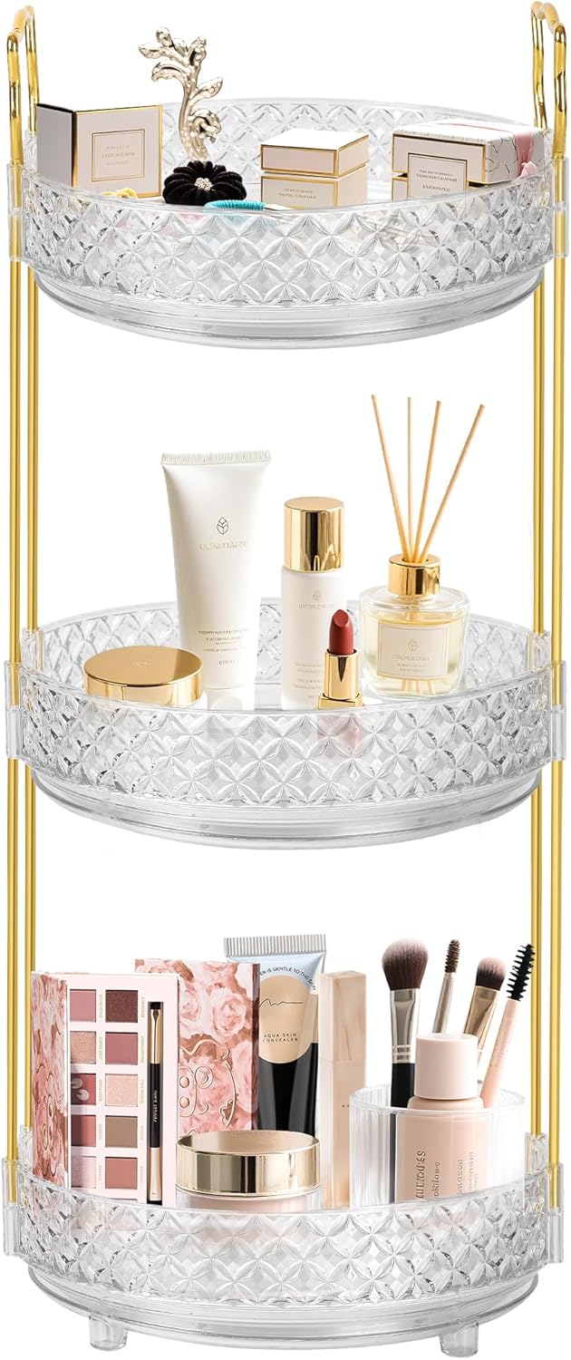 360 Rotating Rotating Makeup Organizer for Vanity, 3 Tier Perfume Skincare Organizers and Storage for Bathroom Countertop, Clear Spinning Counter Cosmetic Holder for Dresser,Clear