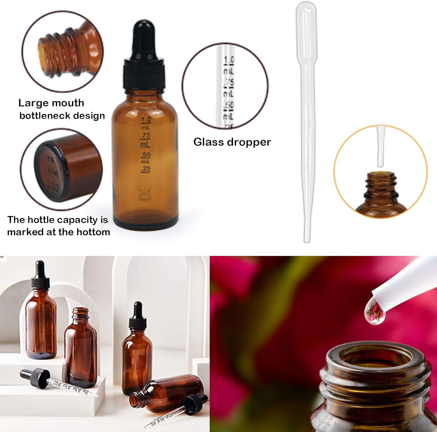 10 Pack 2 Oz Amber Glass Bottles with Dropper, UV Protection, for Essential Oils, Serum, Liquids