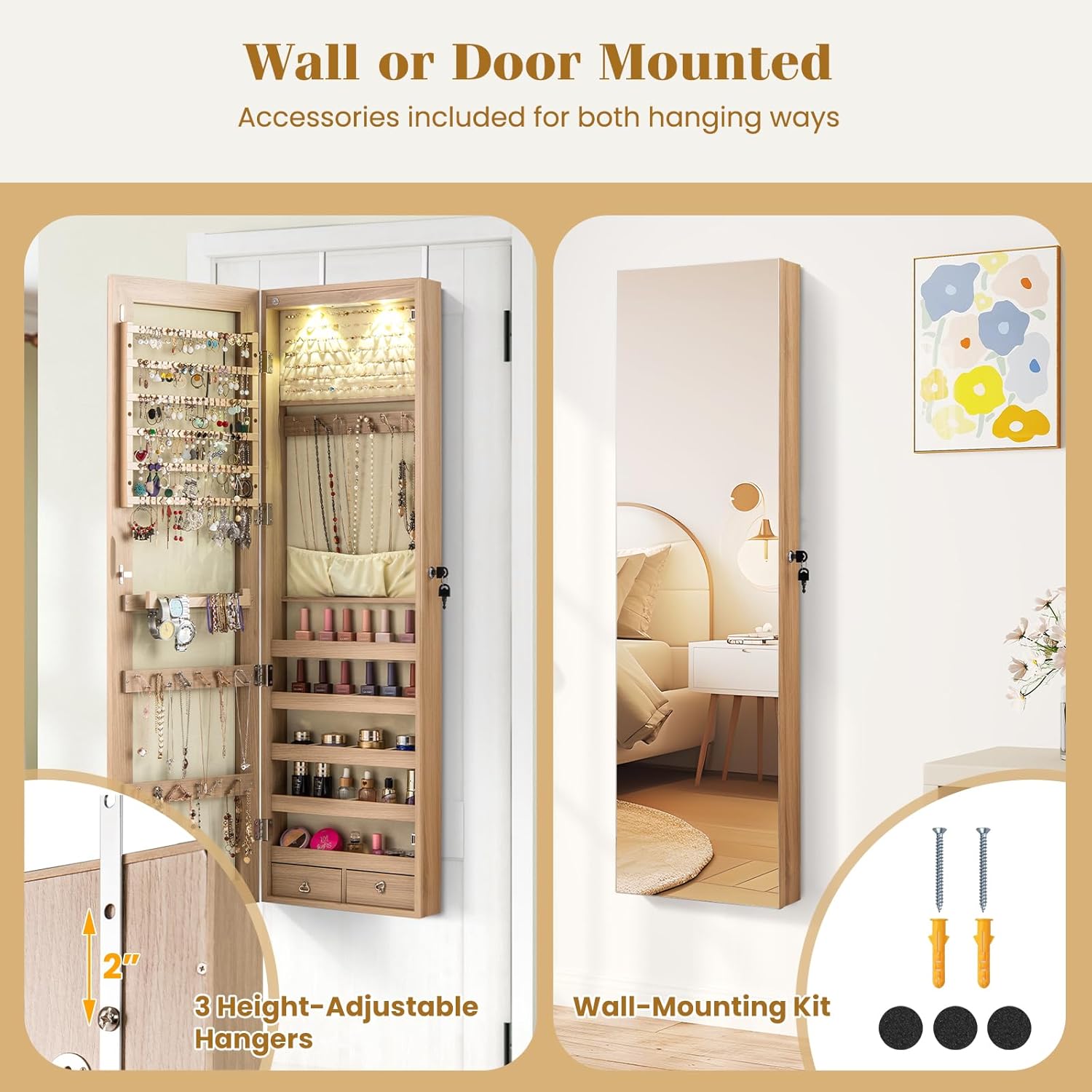 Giantex Wall or Door Mounted Jewelry Armoire with 47.5" Full Length Mirror, Lockable Cabinet with 2 LED Lights, 2 Drawers, Over the Door Large Jewelry Storage Organizer (Light Oak)