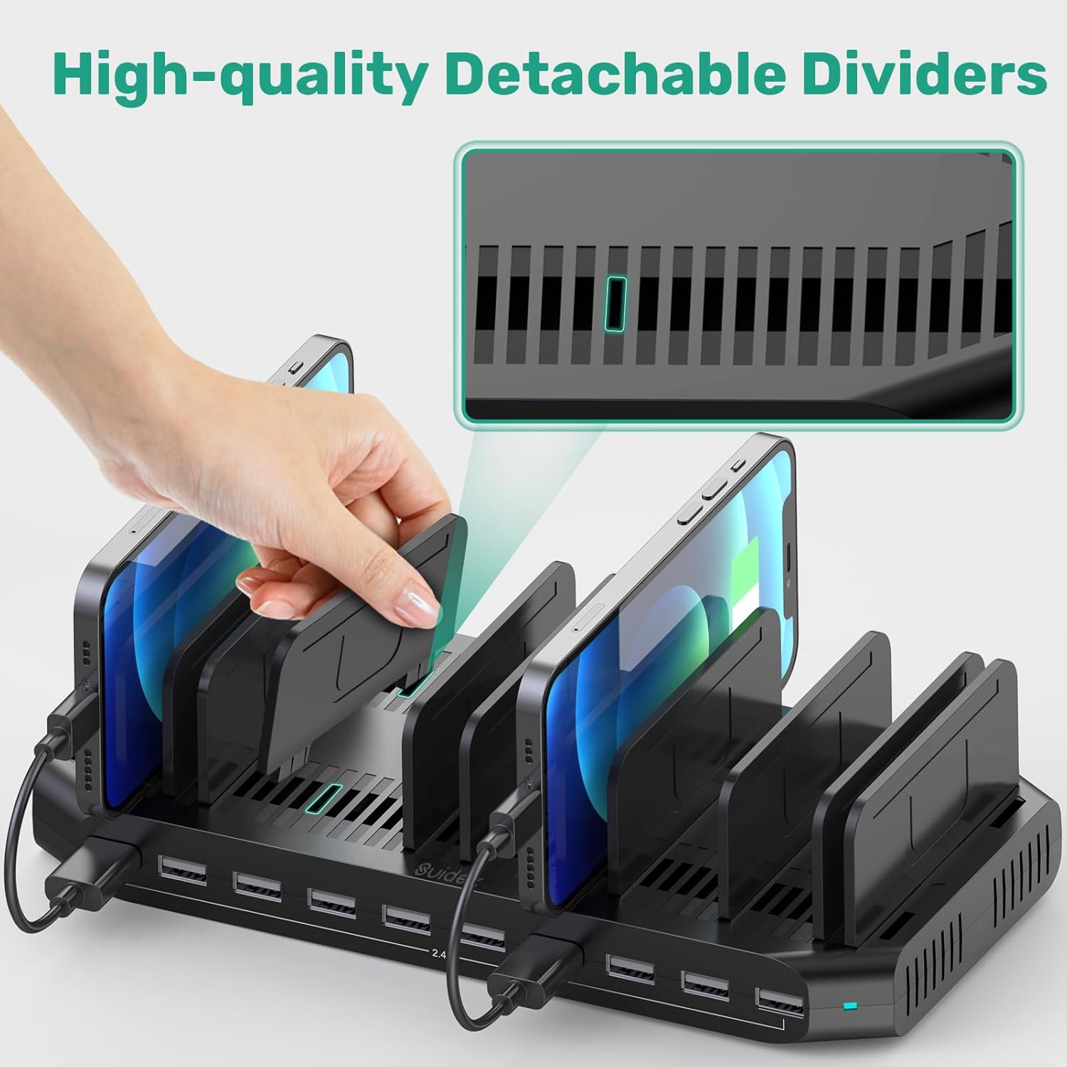 10-Port Multi Charging Station, 60W USB Tablet Charging Station for Multiple Devices, USB Charging Dock Multi Device Charger Organizer with Adjustable Dividers for Tablets, Smartphones