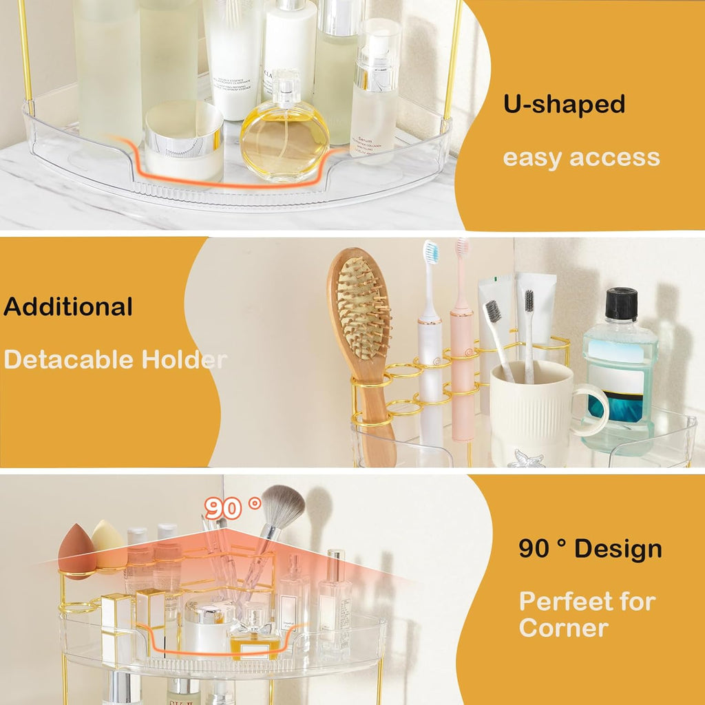 FELIZHOUSE 3-Tier Makeup Organizer for Vanity & Bathroom Countertop – Acrylic Storage Shelf with Perfume Tray & Makeup Brush Holder, Tool-Free Installation, Design for Bathroom & Dresser - Clear