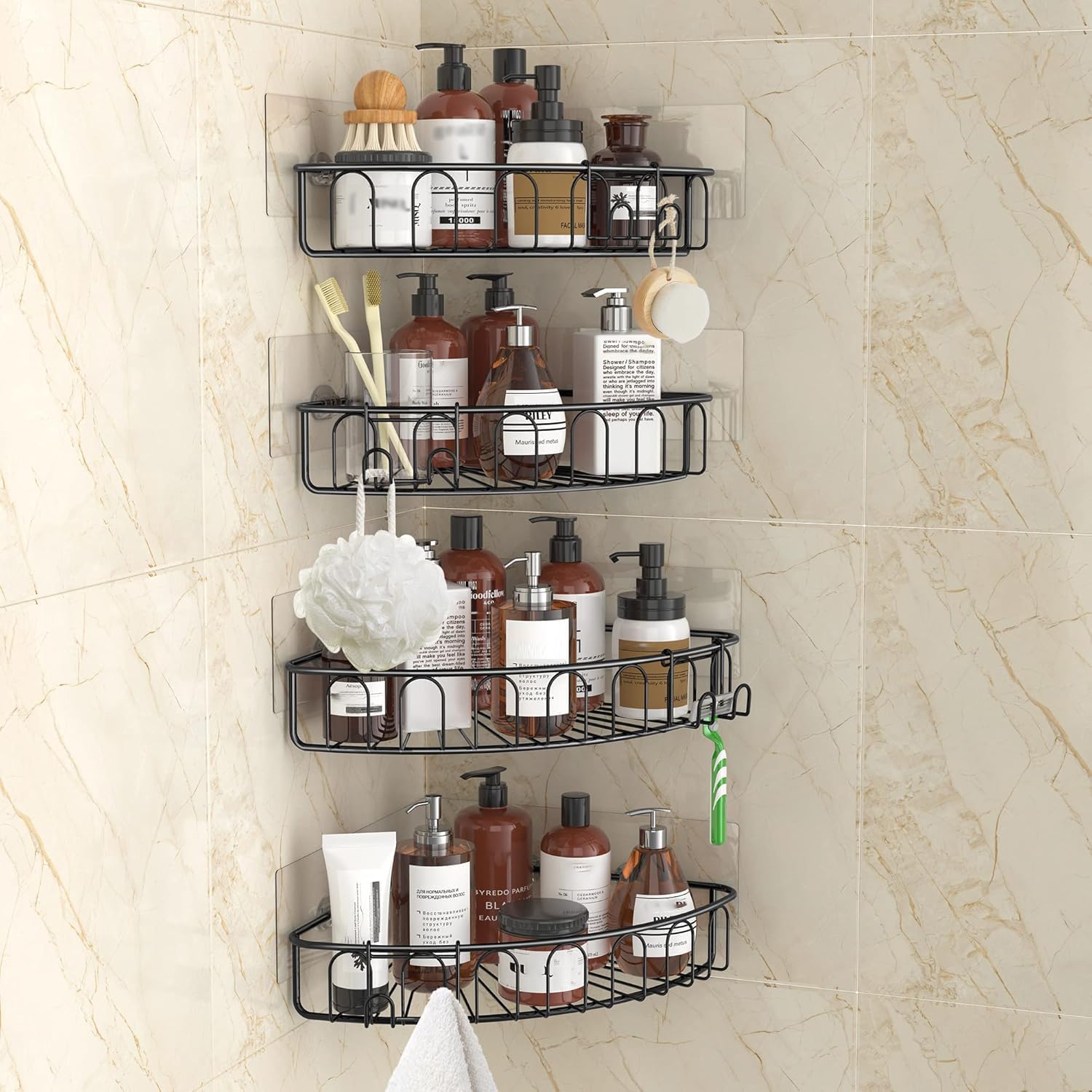 Orimade Corner Shower Caddy Stainless Steel with Hooks Wall Mounted Bathroom Shelf Storage Organizer Adhesive No Drilling 4 Pack, Black Only for 90-Degree Corner