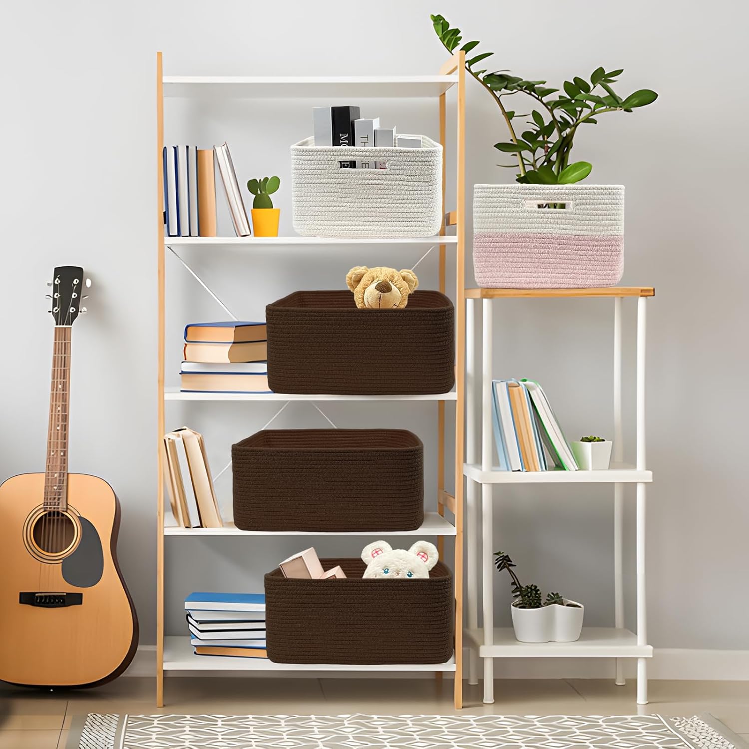 COMFY-HOMI 2 pcs Large Storage Baskets for Shelves, Laundry Basket, Woven Rope Basket, Closet Organizer Bins for Clothes Blanket Towels, Baby Nursery, Gift Toy Baskets, 17” x 13” x 7.5”-Dark Brown